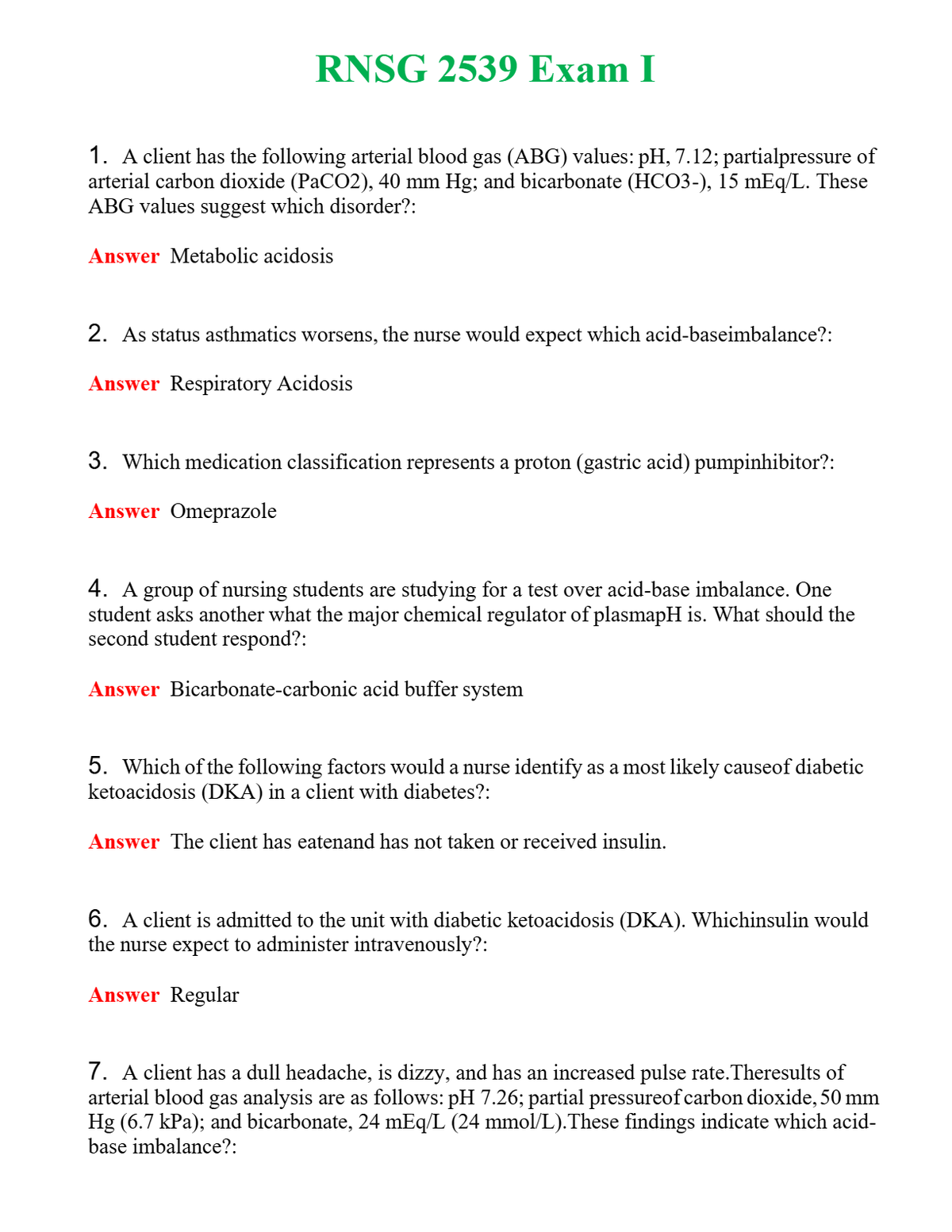 RNSG 2539 Exam I | Actual Questions and Verified Answers ( Included ) 100% Correct