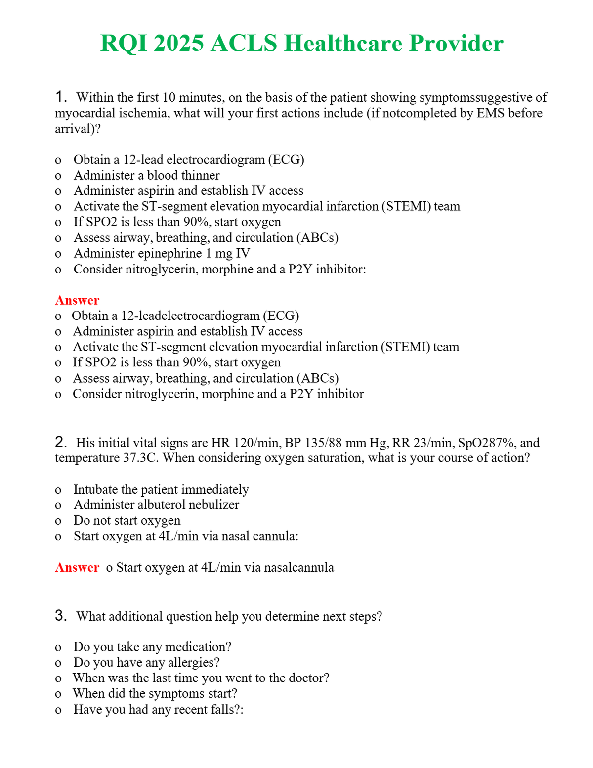 RQI 2025 ACLS Healthcare Provider Questions With Complete Grade A+ Answers