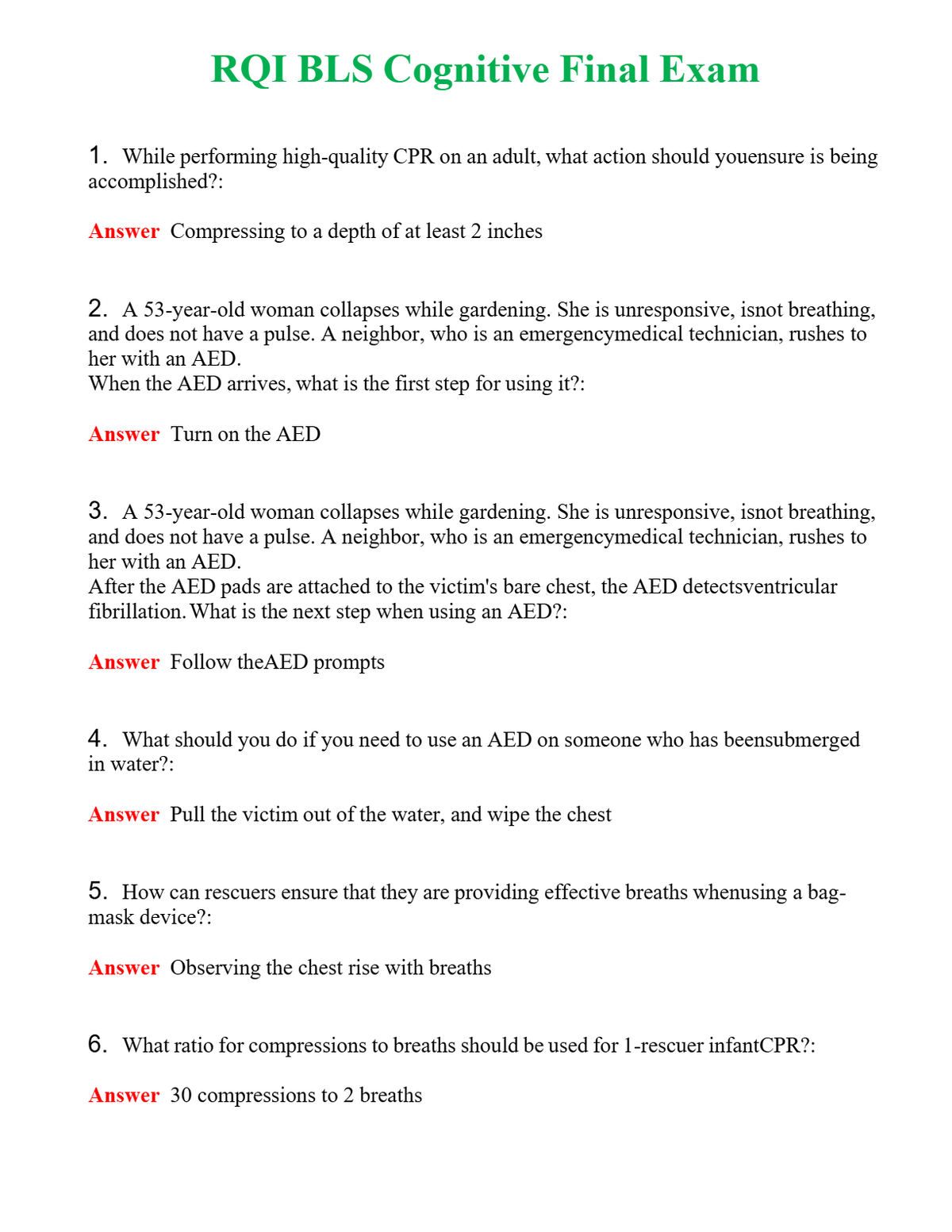 RQI BLS Cognitive Final Exam Questions With Complete Grade A+ Answers