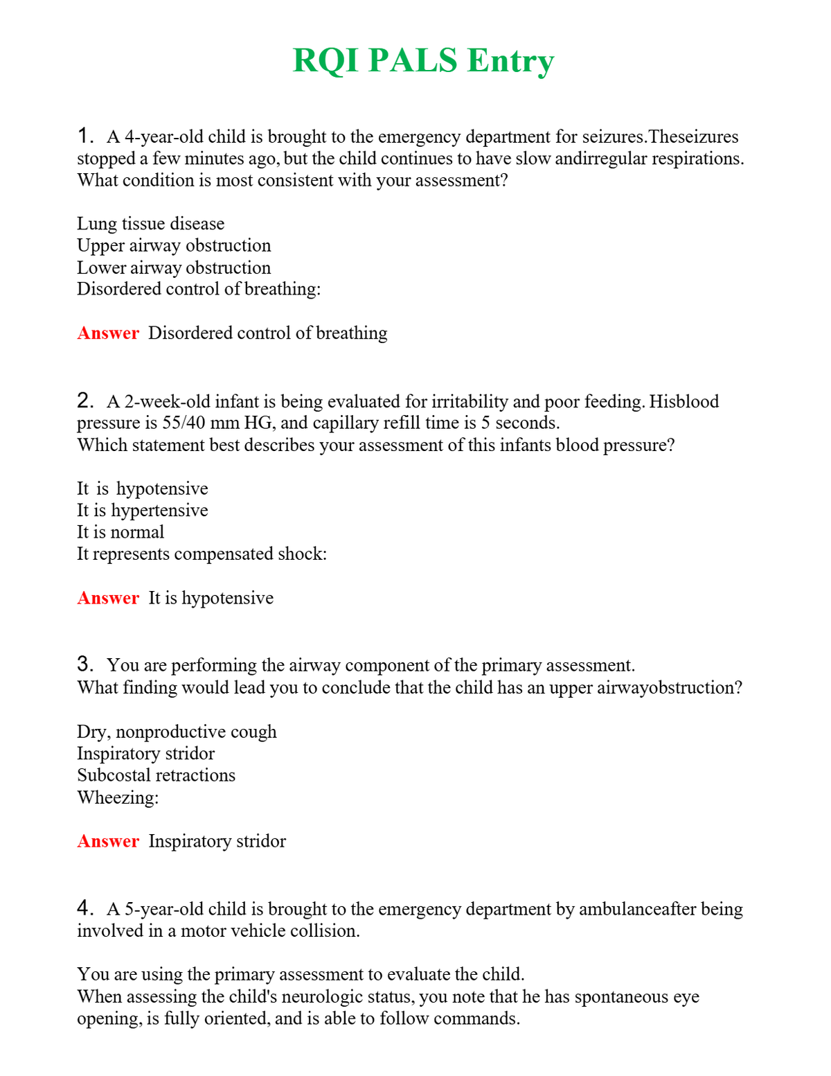 RQI PALS Entry Questions With Complete Grade A+ Answers
