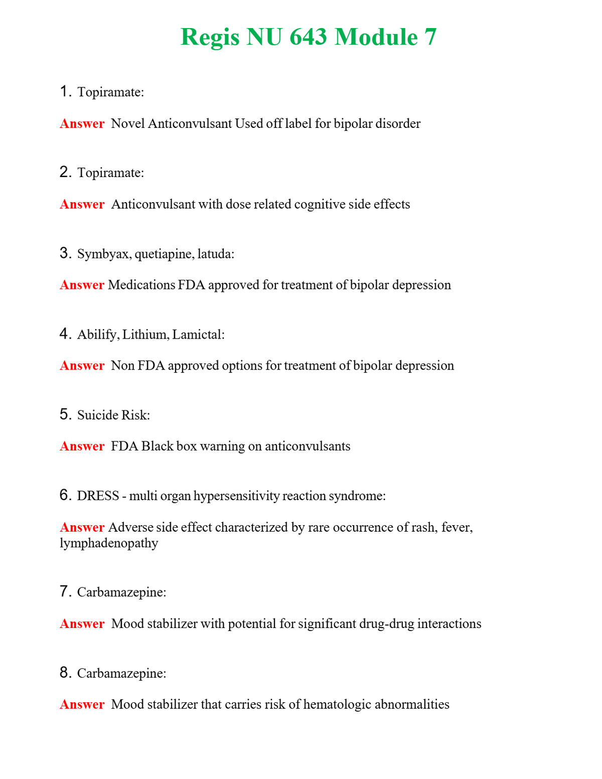 Regis NU 643 Module 7 Questions With Complete Grade A+ Answers