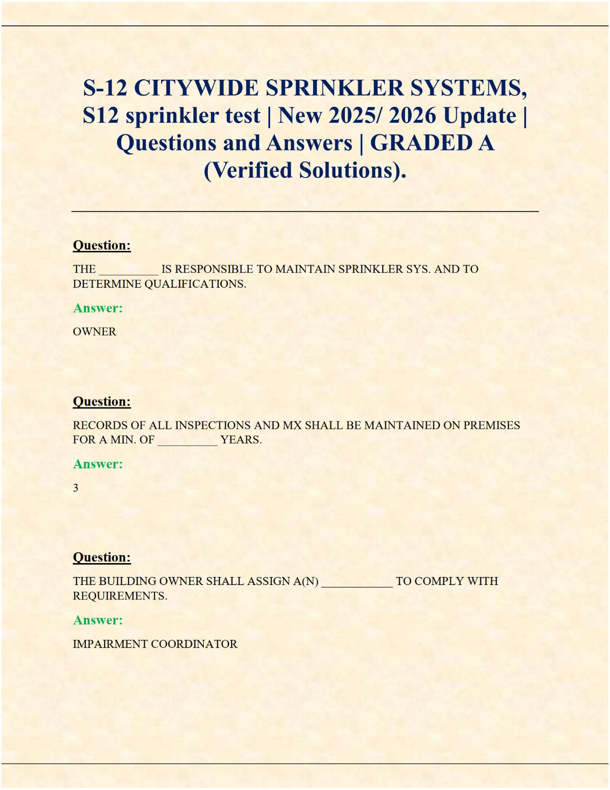 S-12 Citywide Sprinkler Systems Exam (Latest 2025/2026 Update) | Verified Questions & Answers | Graded A