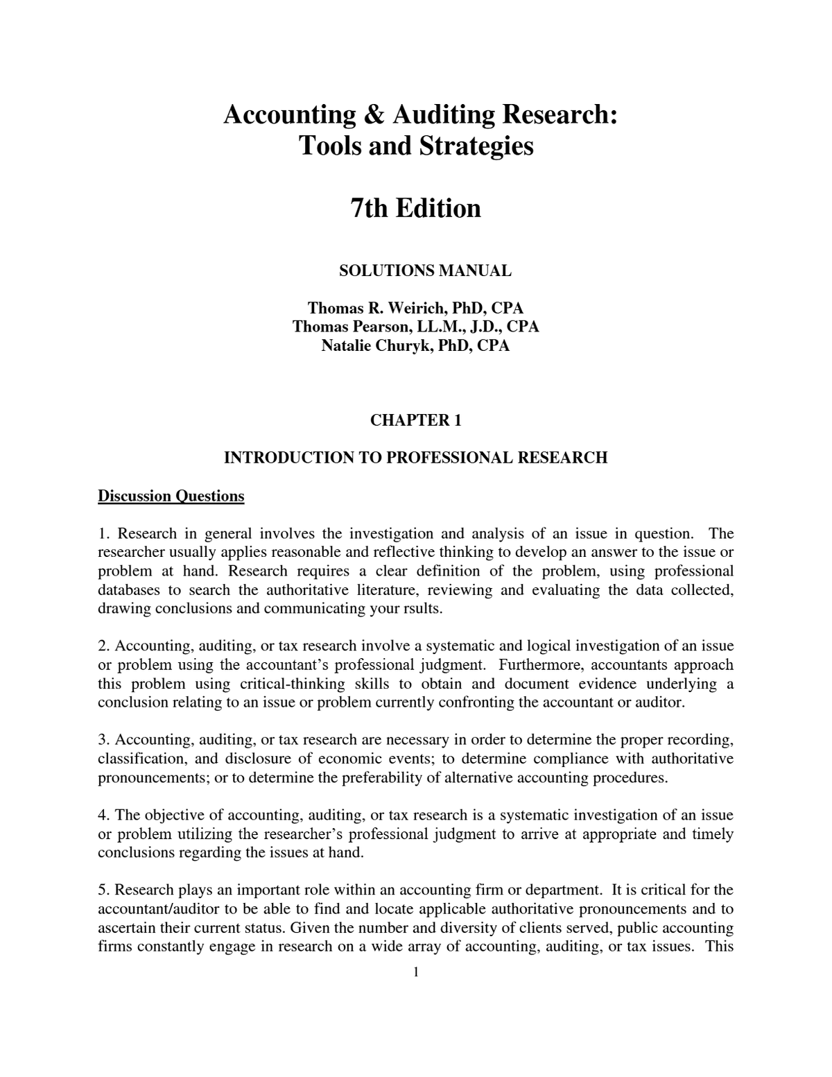 Solutions Manual For Accounting & Auditing Research Tools & Strategies 7th Edition By Weirich Pearson Churyk