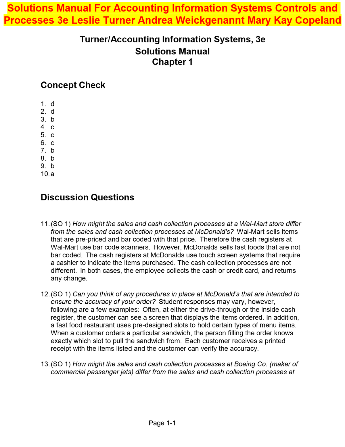 Solutions Manual For Accounting Information Systems Controls and Processes 3e Leslie Turner Andrea Weickgenannt Mary Kay Copeland