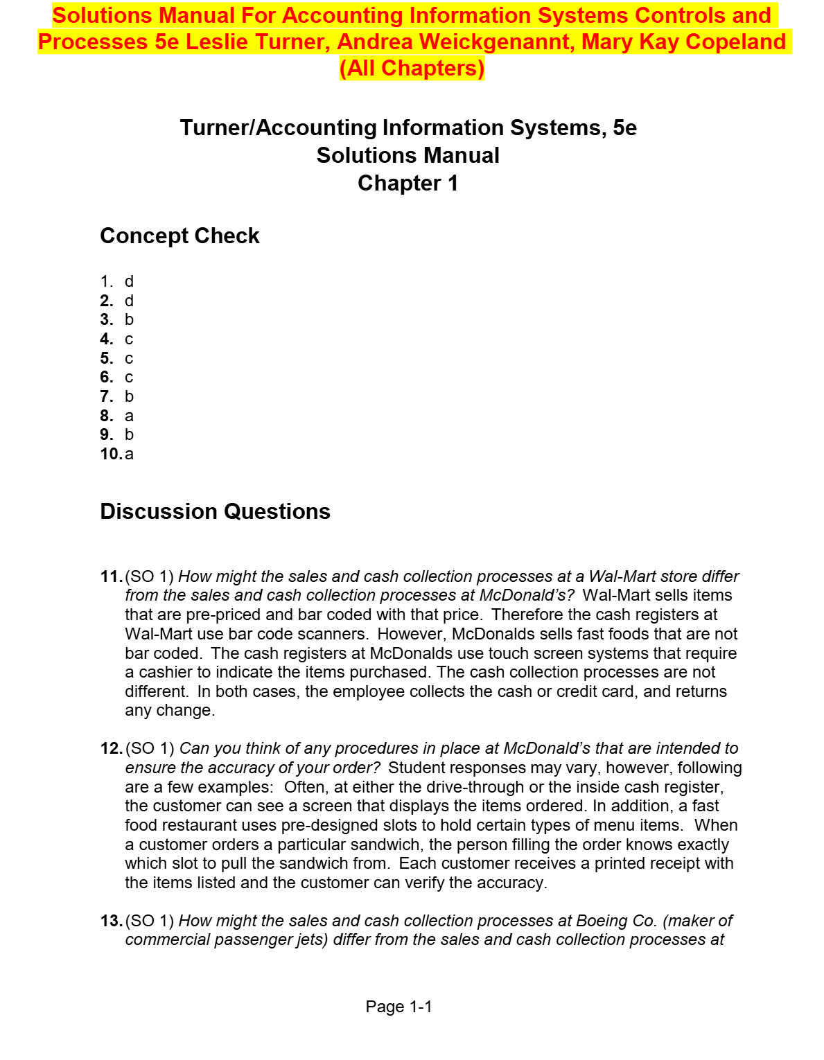 Solutions Manual For Accounting Information Systems Controls and Processes 5e Leslie Turner, Andrea Weickgenannt, Mary Kay Copeland