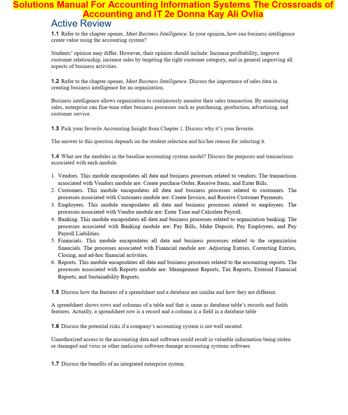 Solutions Manual For Accounting Information Systems The Crossroads of Accounting and IT 2e Donna Kay Ali Ovlia
