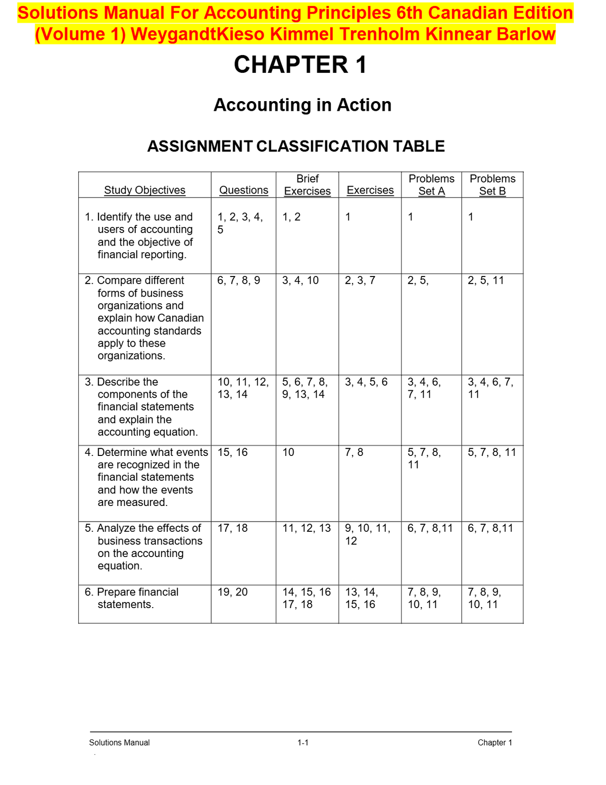 Solutions Manual For Accounting Principles 6th Canadian Edition (Volume 1) Weygandt Kieso Kimmel Trenholm Kinnear Barlow