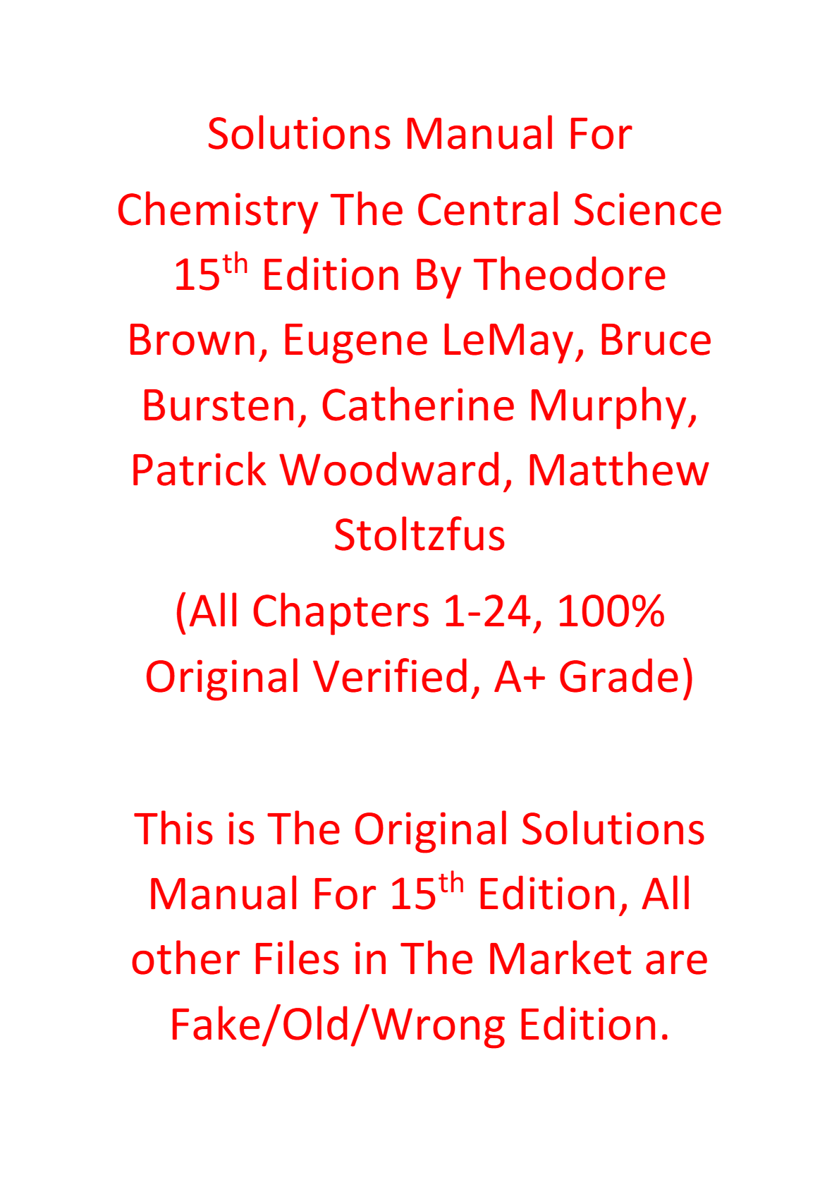 Solutions Manual For Chemistry The Central Science 15e Theodore Brown, Eugene LeMay, Bruce Bursten, Catherine Murphy, Patrick Woodward, Matthew Stoltzfus