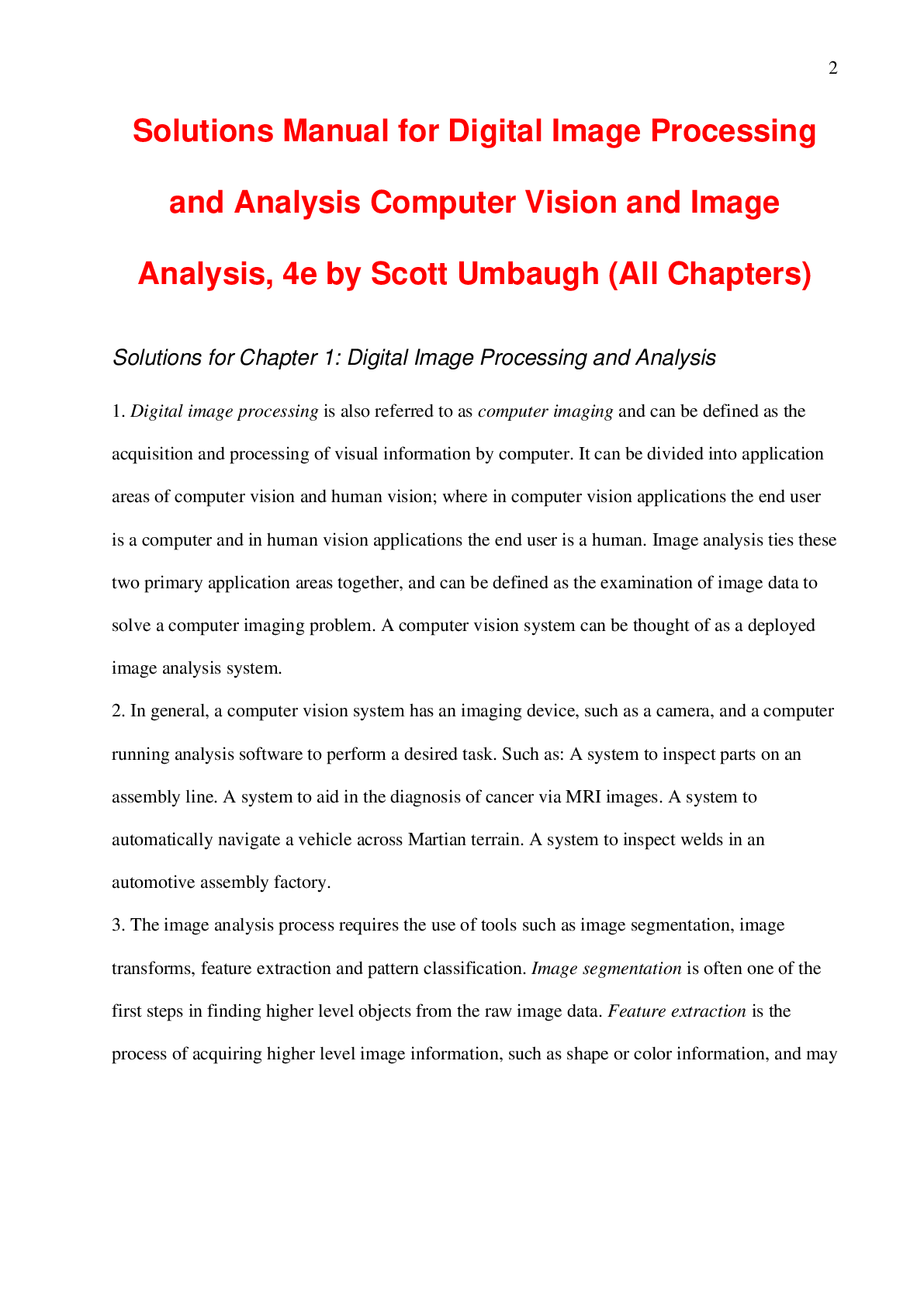 Solutions Manual For Digital Image Processing and Analysis Computer Vision and Image Analysis, 4th Edition By Scott Umbaugh