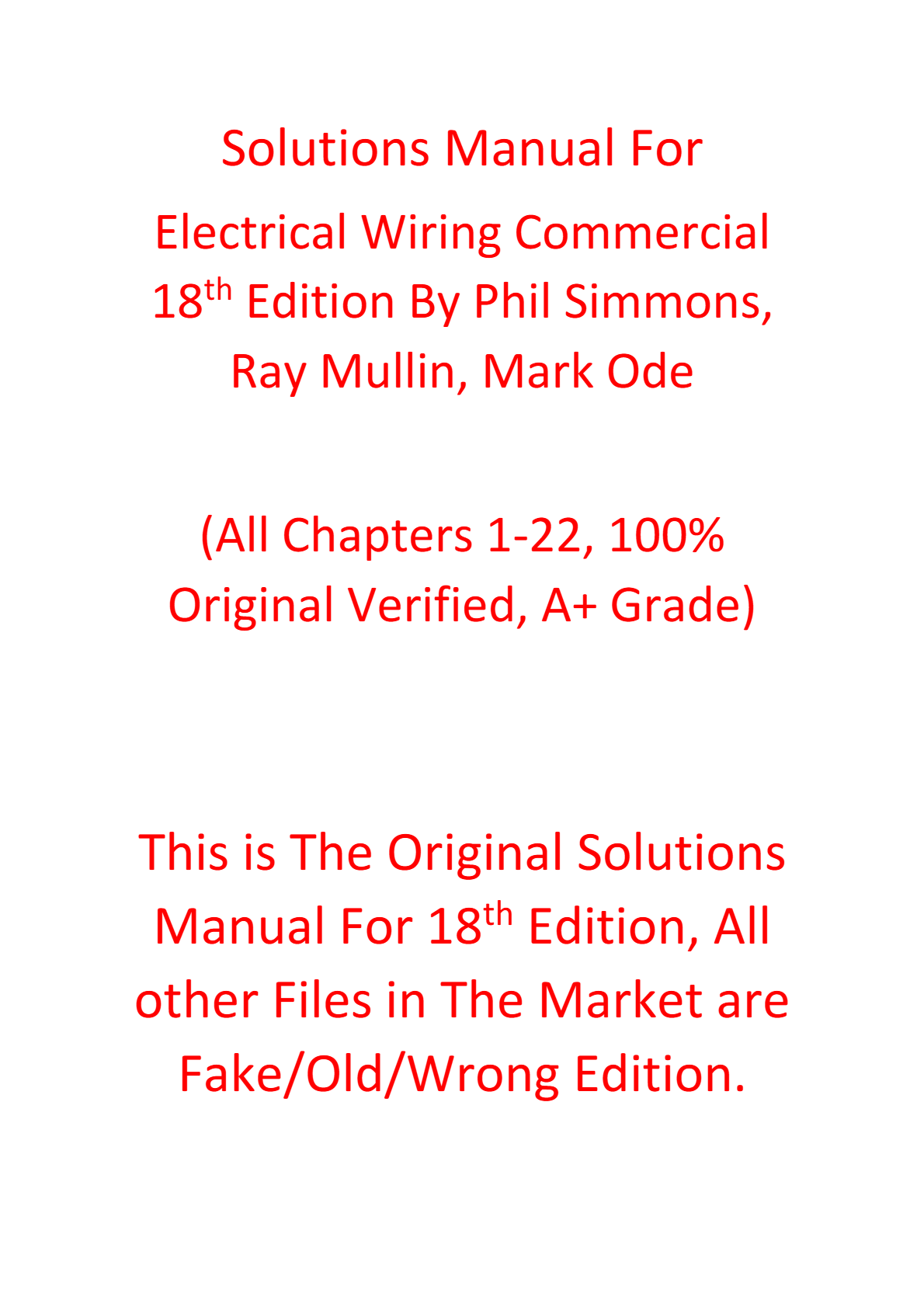 Solutions Manual For Electrical Wiring Commercial 18th Edition By Phil Simmons, Ray Mullin, Mark Ode
