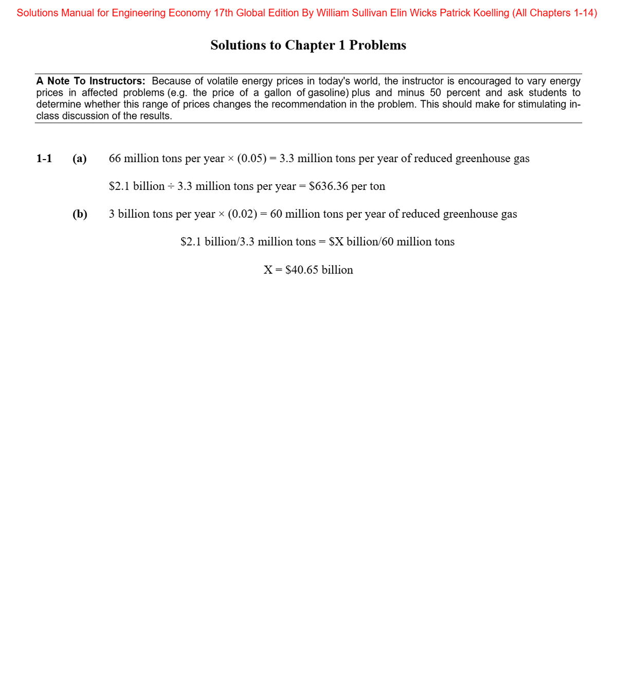 Solutions Manual For Engineering Economy 17th Global Edition By William Sullivan Elin Wicks Patrick Koelling