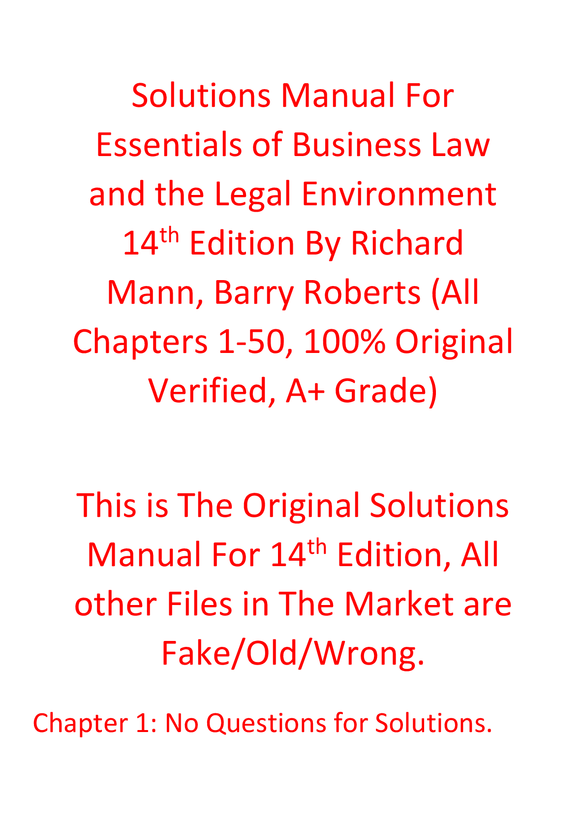 Solutions Manual For Essentials of Business Law and the Legal Environment 14th Edition By Richard Mann, Barry Roberts