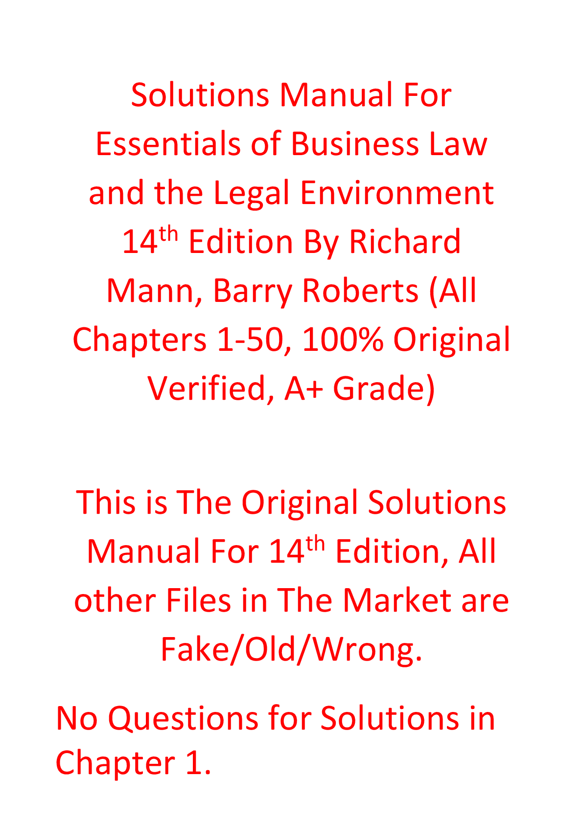 Solutions Manual For Essentials of Business Law and the Legal Environment 14th Edition By Richard Mann, Barry Roberts