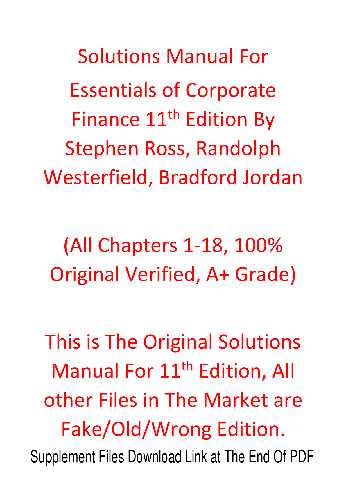 Solutions Manual For Essentials of Corporate Finance 11th Edition By Stephen Ross, Randolph Westerfield, Bradford Jordan