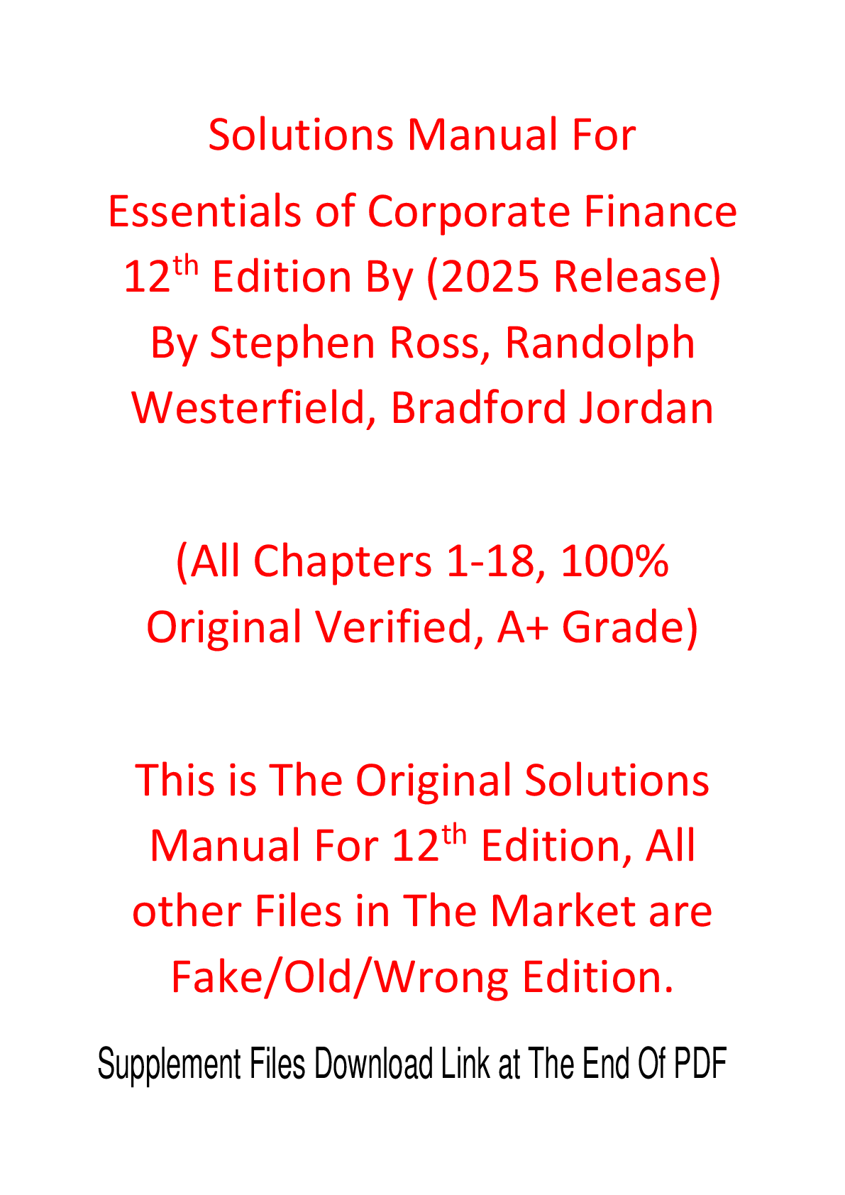 Solutions Manual For Essentials of Corporate Finance 12th Edition (2025 Release) By Stephen Ross, Randolph Westerfield, Bradford Jordan