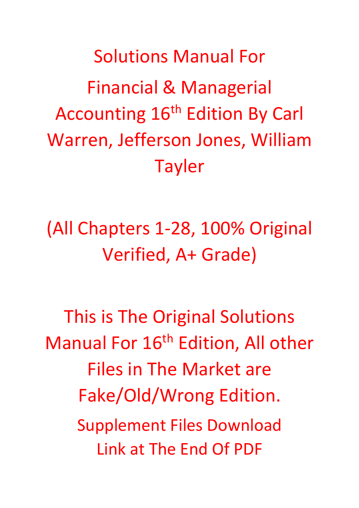 Solutions Manual For Financial & Managerial Accounting 16th Edition By Carl Warren, Jefferson Jones, William Tayler