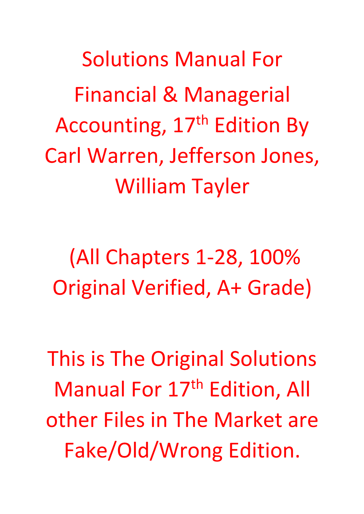 Solutions Manual For Financial & Managerial Accounting 17th Edition By Carl Warren, Jefferson Jones, William Tayler