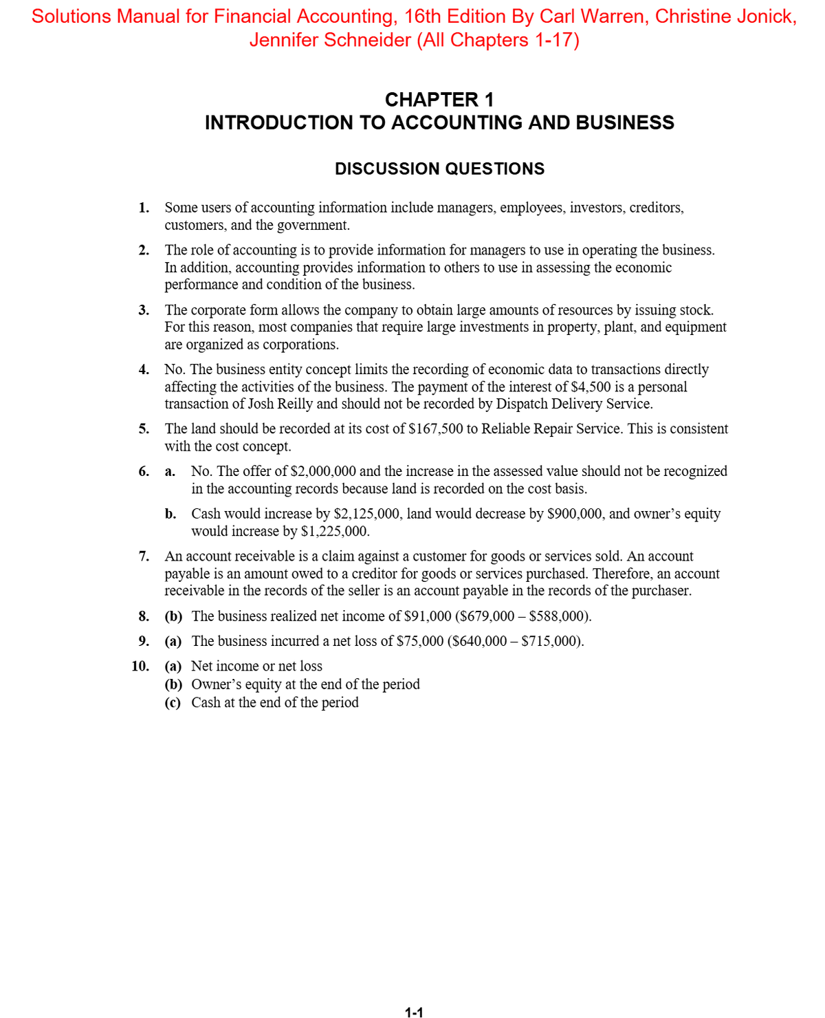 Solutions Manual For Financial Accounting, 16th Edition By Carl Warren, Christine Jonick, Jennifer Schneider
