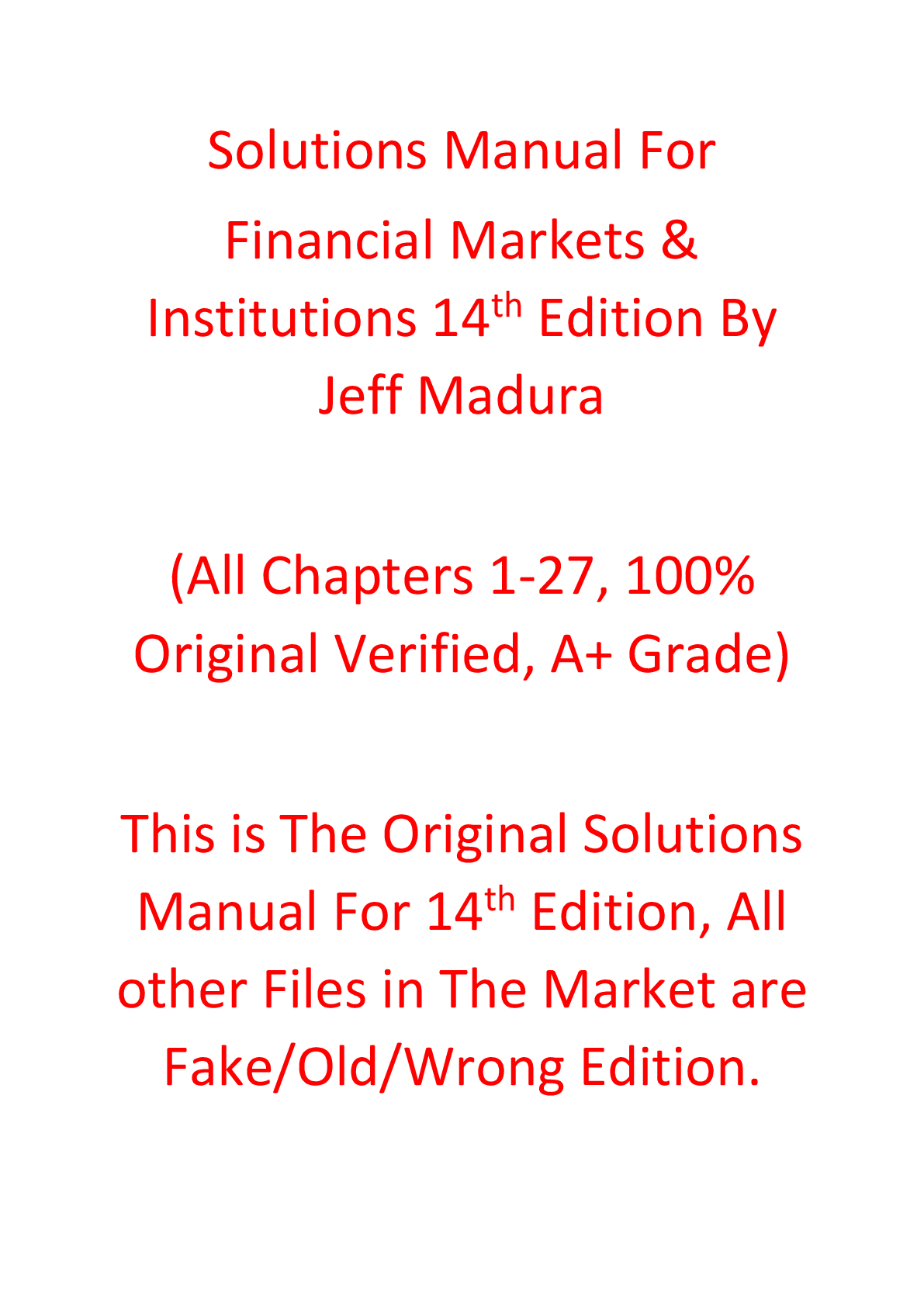 Solutions Manual For Financial Markets & Institutions 14th Edition By Jeff Madura