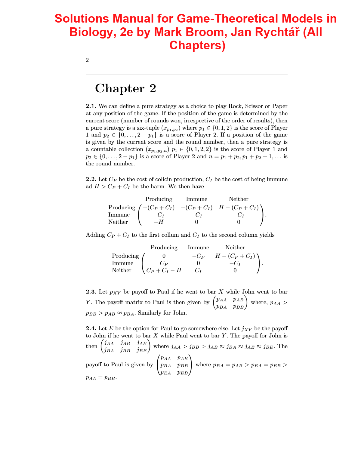 Solutions Manual For Game Theoretical Models in Biology 2nd Edition By Mark Broom, Jan Rychtář