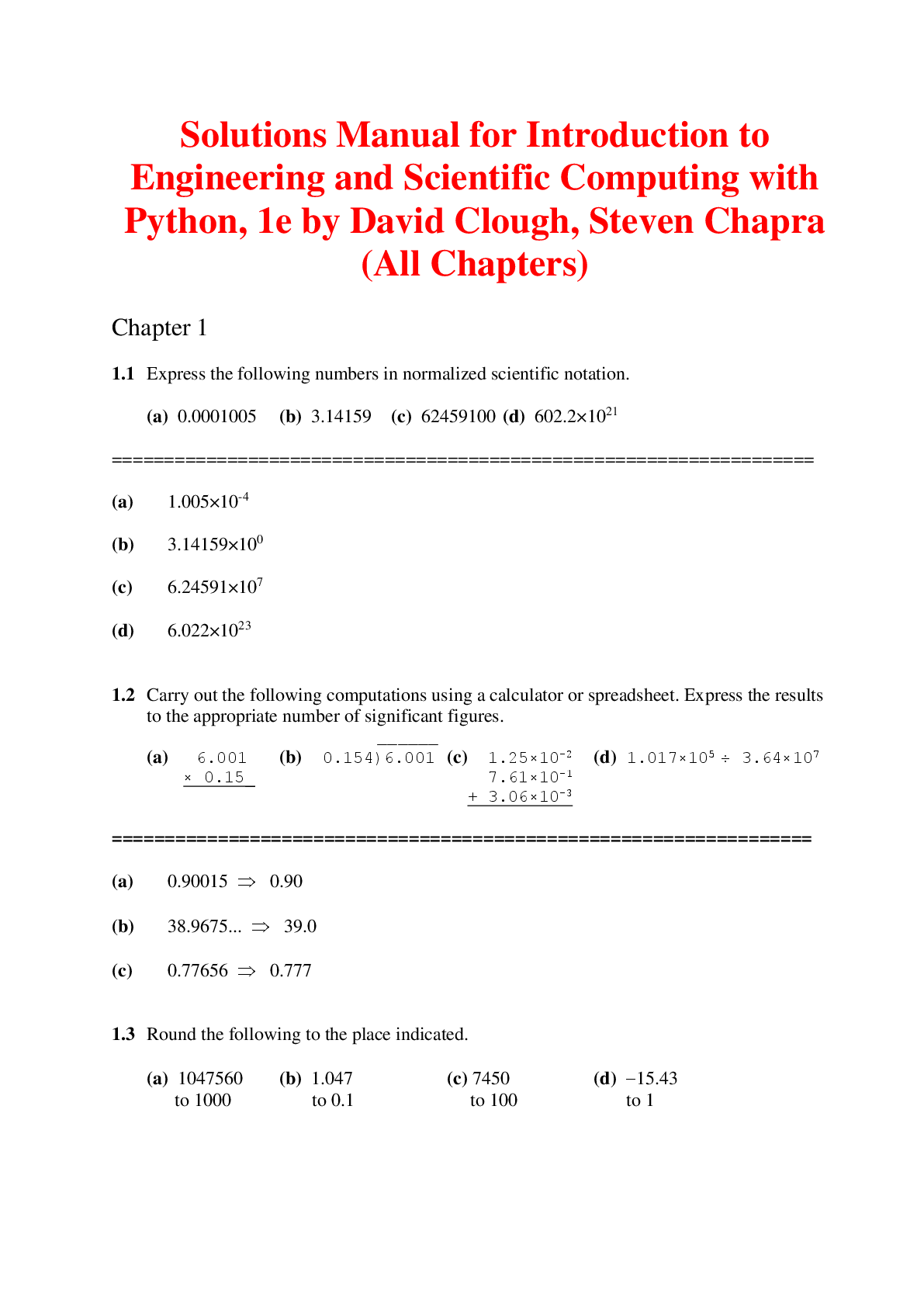Solutions Manual For Introduction to Engineering and Scientific Computing with Python, 1st Edition By David Clough, Steven Chapra