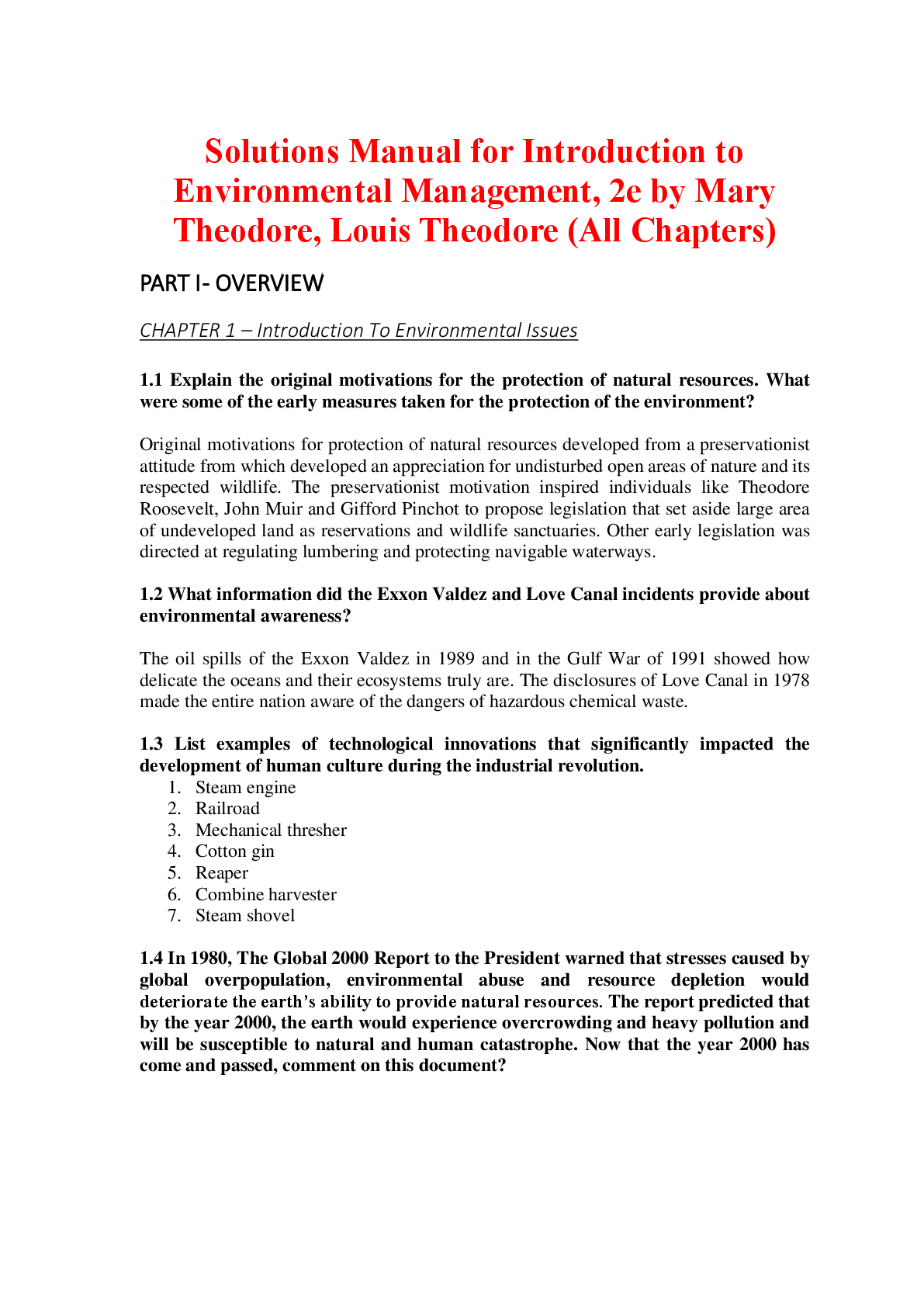 Solutions Manual For Introduction to Environmental Management, 2nd Edition By Mary Theodore, Louis Theodore