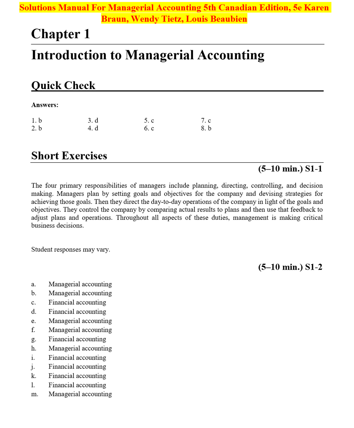 Solutions Manual For Managerial Accounting 5th Canadian Edition, 5e Karen Braun, Wendy Tietz, Louis Beaubien