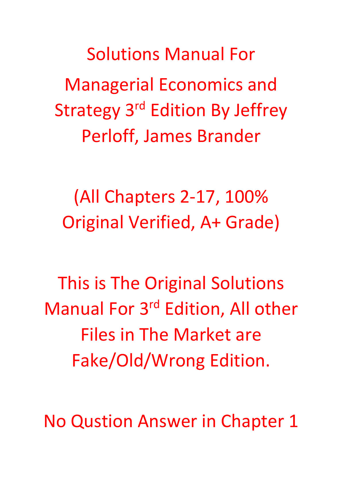 Solutions Manual For Managerial Economics and Strategy 3rd Edition By Jeffrey Perloff, James Brander