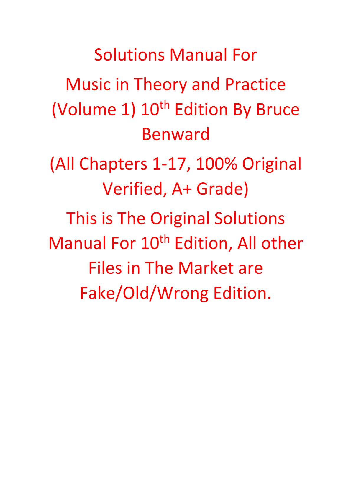 Solutions Manual For Music in Theory and Practice 10th Edition Volume 1 By Bruce Benward