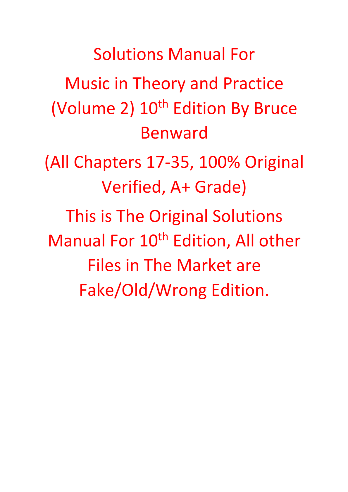 Solutions Manual For Music in Theory and Practice 10th Edition Volume 2 By Bruce Benward