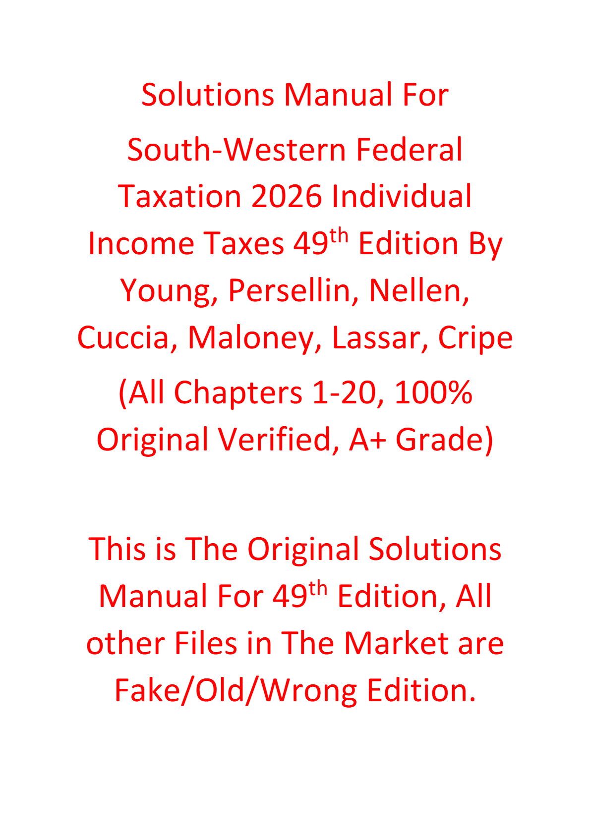 Solutions Manual For South-Western Federal Taxation 2026 Individual Income Taxes 49th Edition By Young, Persellin, Nellen, Cuccia, Maloney, Lassar, Cripe