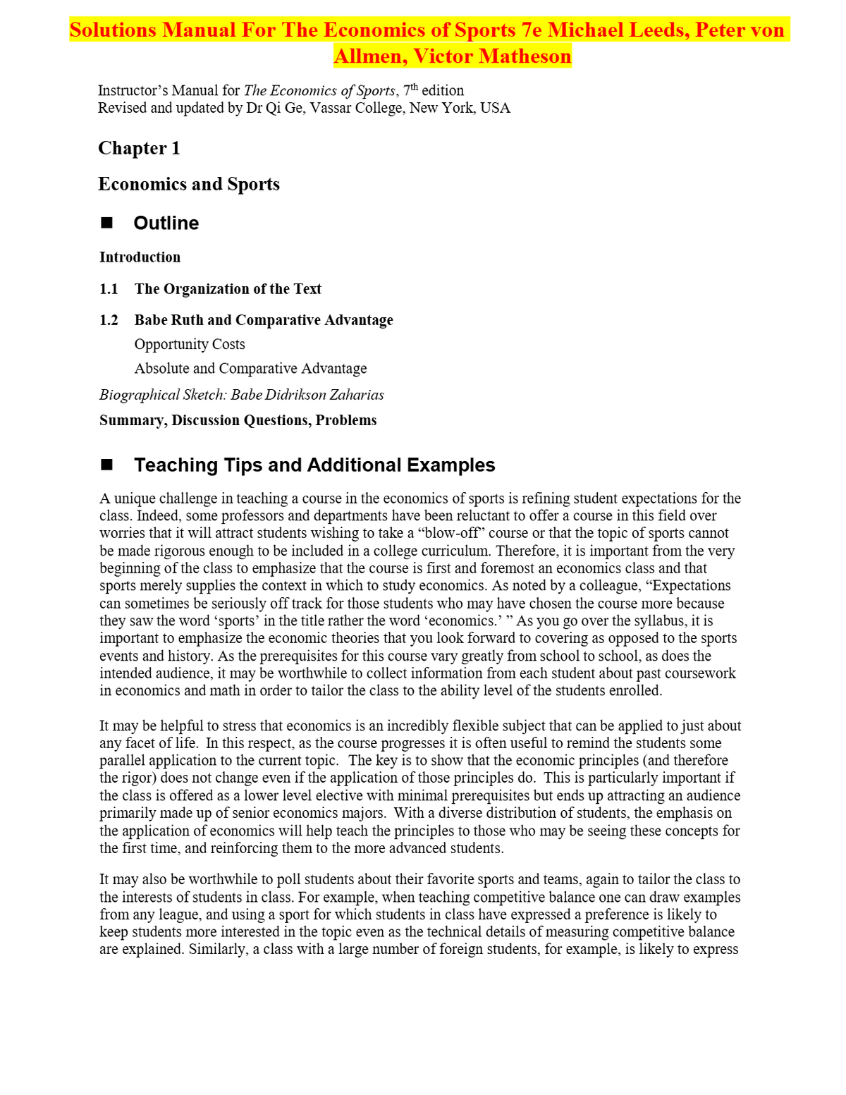 Solutions Manual For The Economics of Sports 7e Michael Leeds, Peter von Allmen, Victor Matheson