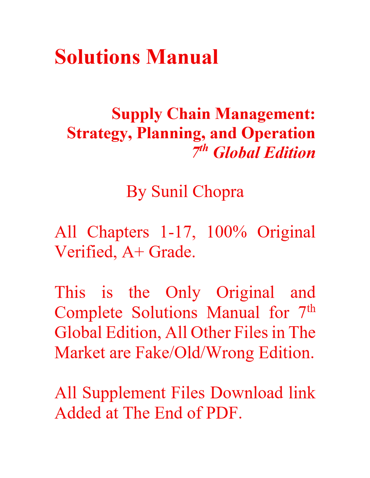 Solutions Manual Supply Chain Management, Strategy, Planning, and Operation 7th Global Edition By Sunil Chopra