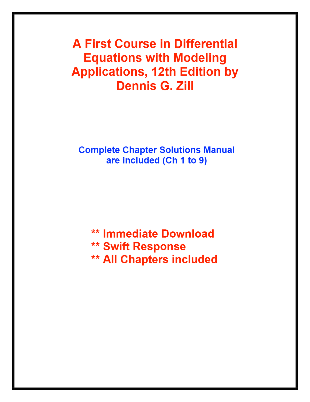 Solutions Manual for A First Course in Differential Equations with Modeling Applications, 12th Edition by Dennis G. Zill | All Chapter 1-9