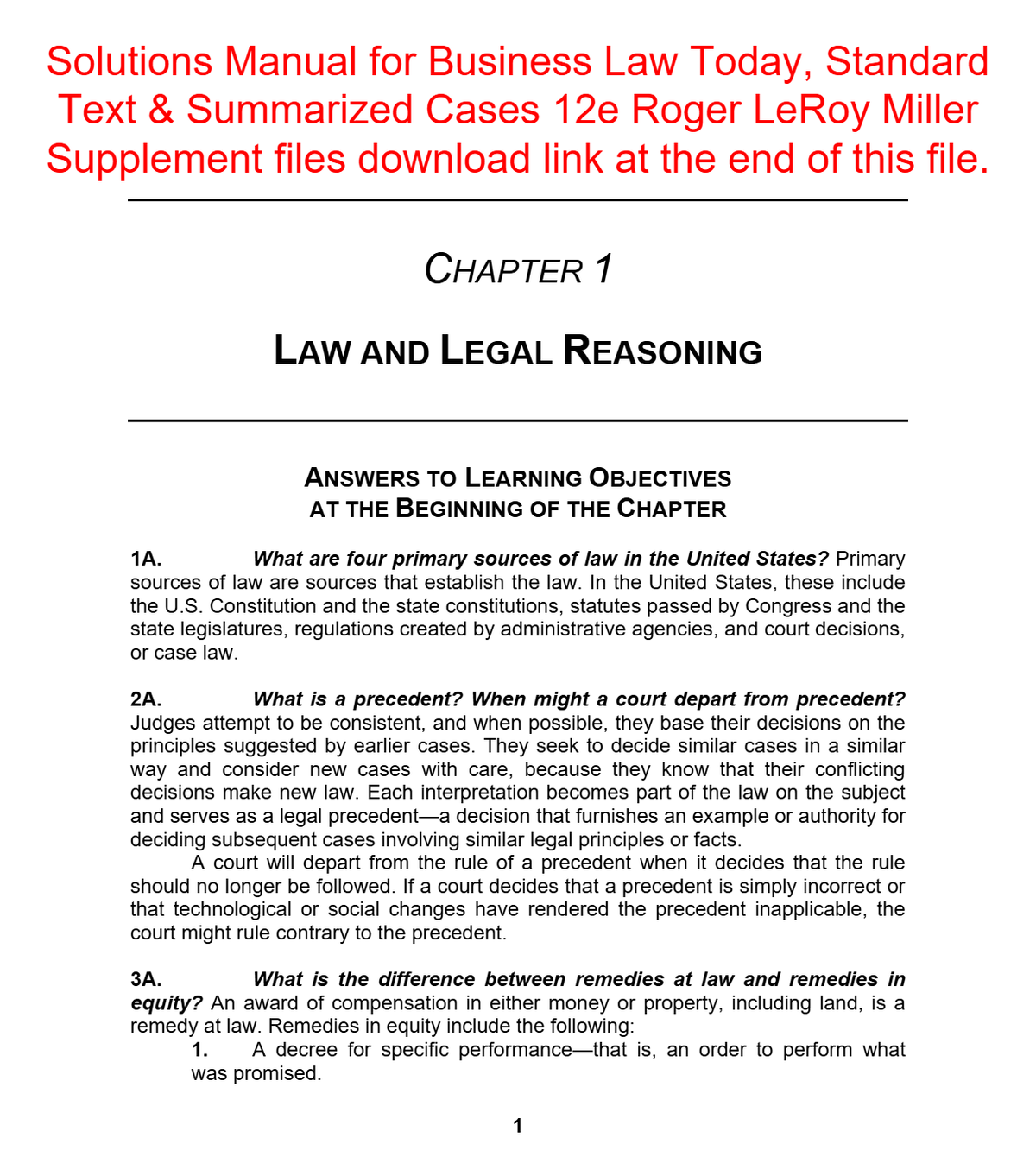 Solutions Manual for Business Law Today, Standard Text & Summarized Cases 12e Roger LeRoy Miller