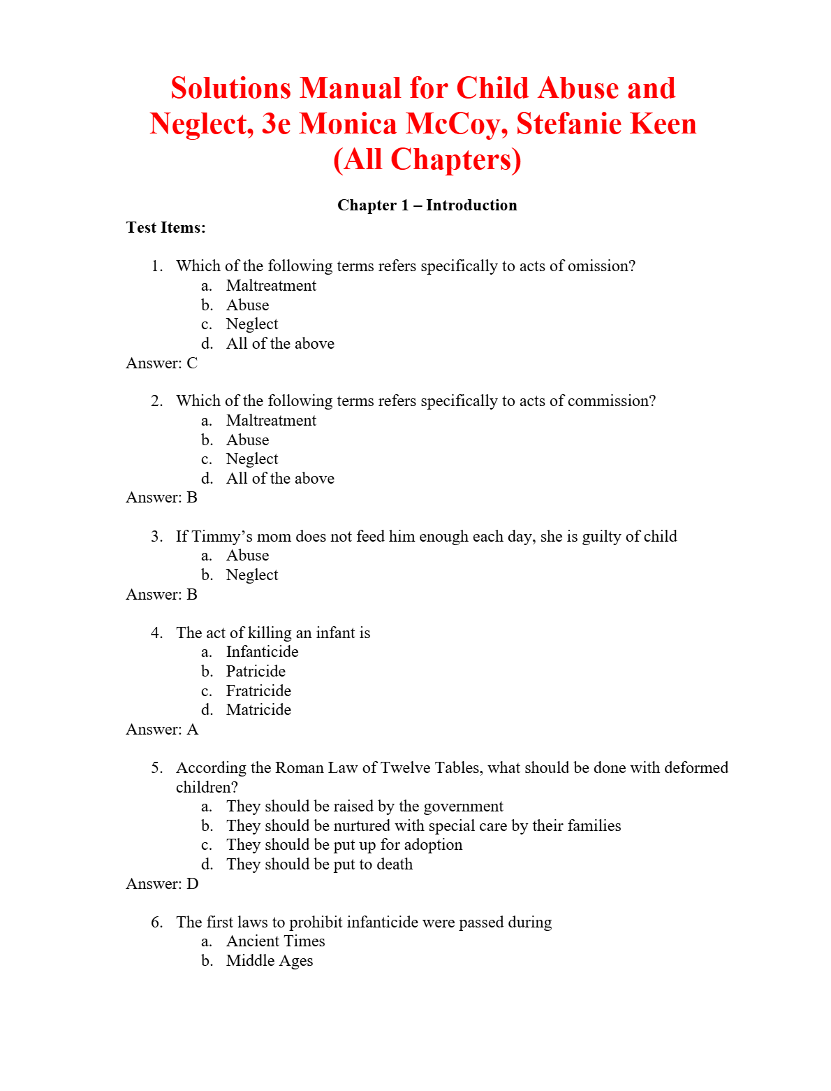 Solutions Manual for Child Abuse and Neglect, 3rd Edition by Monica McCoy, Stefanie Keen (All Chapters) A+