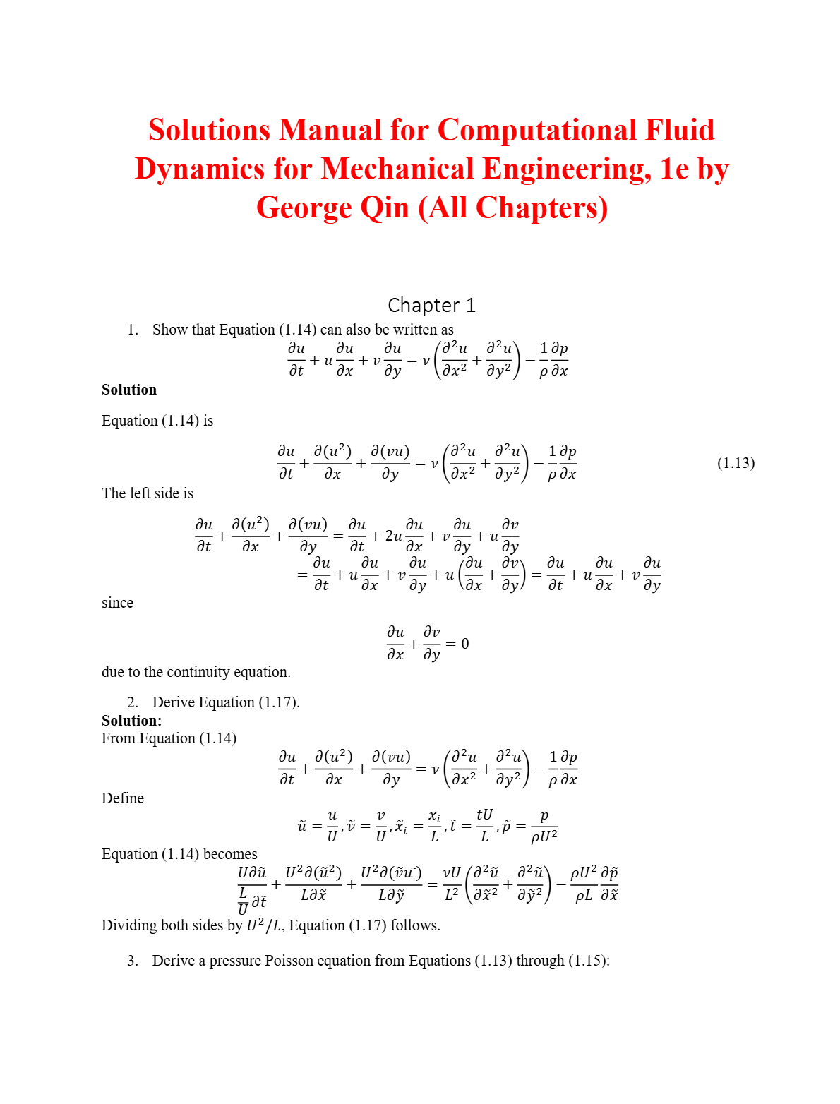 Solutions Manual for Computational Fluid Dynamics for Mechanical Engineering, 1st Edition by George Qin (All Chapters)