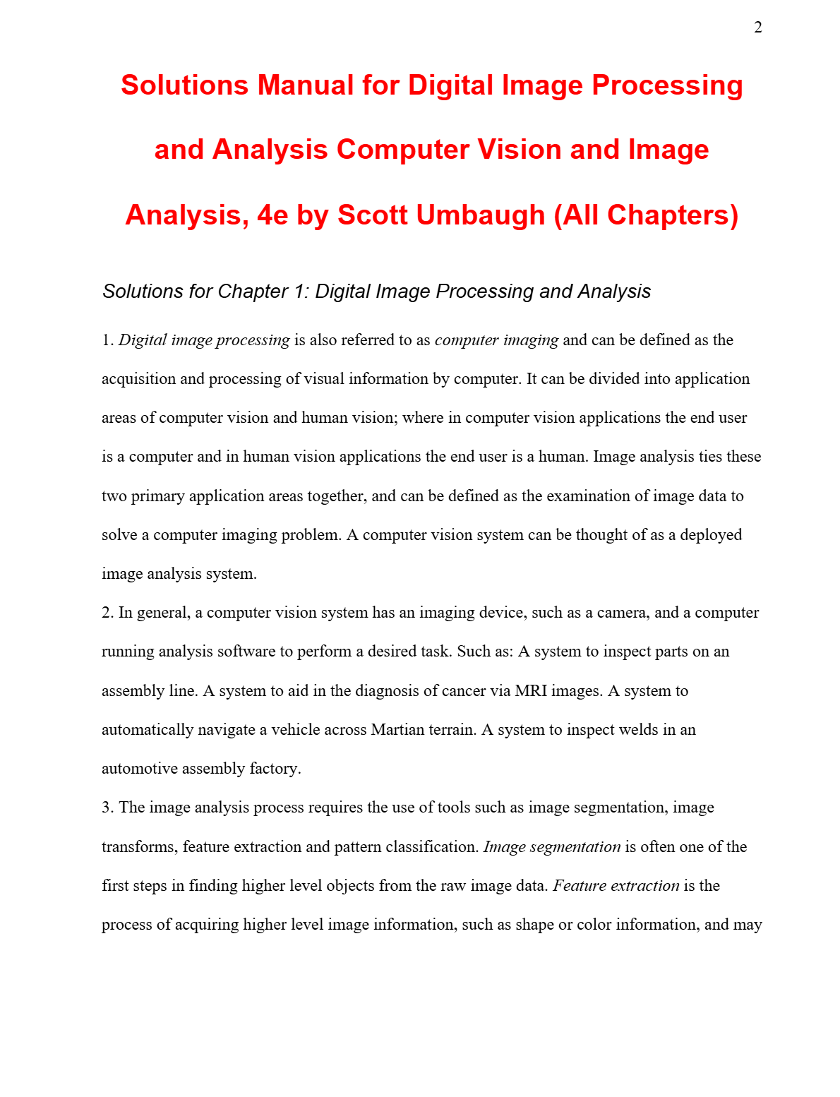 Solutions Manual for Digital Image Processing and Analysis Computer Vision and Image Analysis, 4th Edition by Scott Umbaugh (All Chapters)