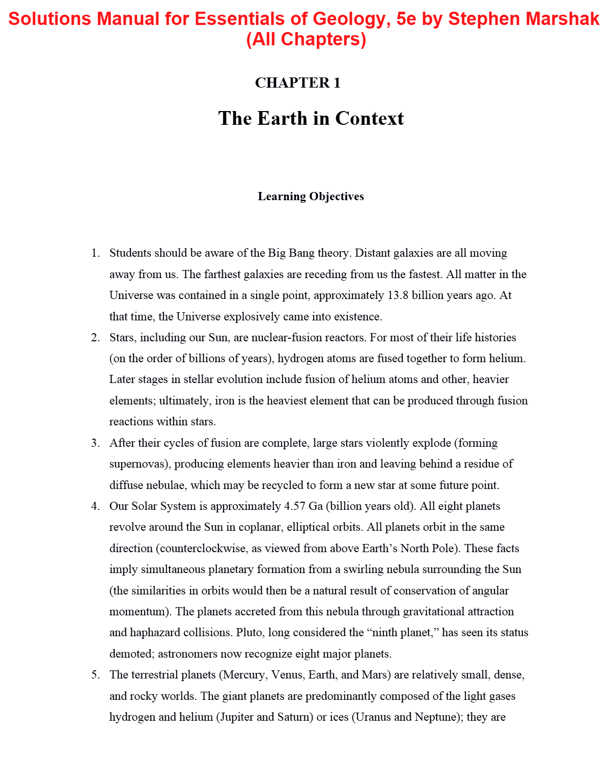 Solutions Manual for Essentials of Geology, 5th Edition by Stephen Marshak (All Chapters) A+
