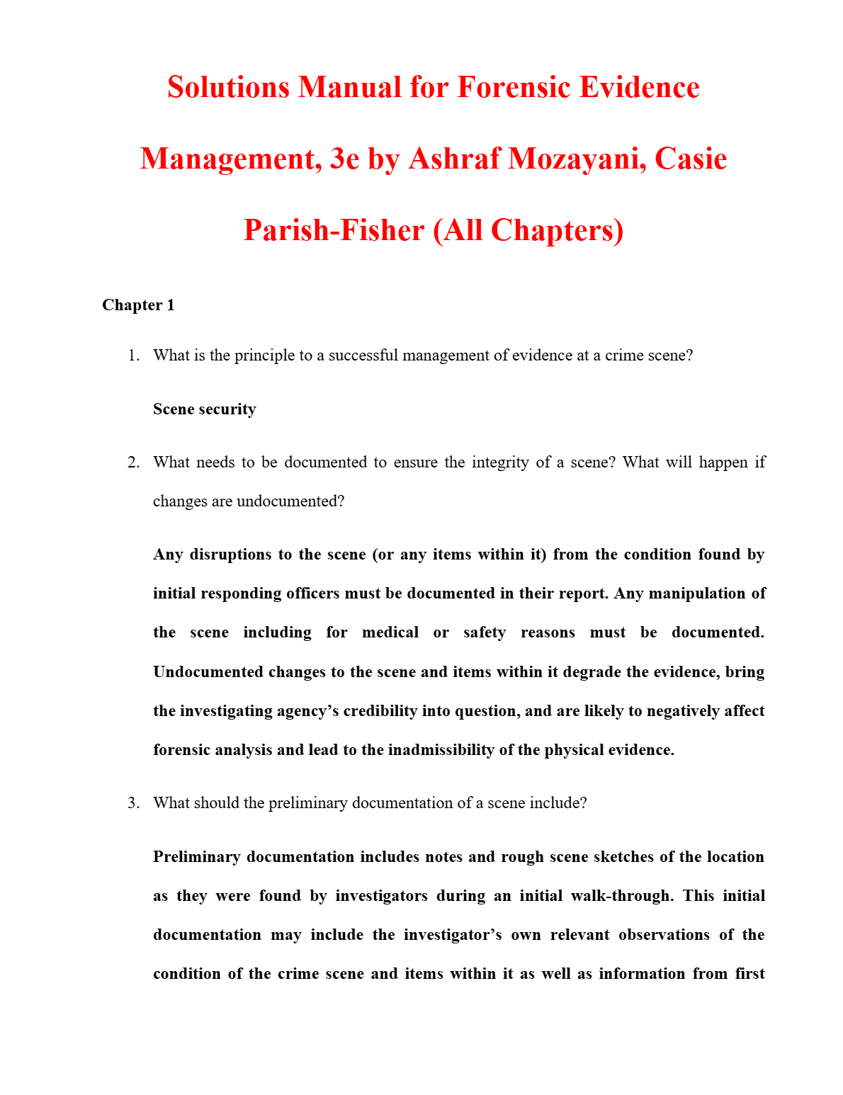 Solutions Manual for Forensic Evidence Management, 3rd Edition By Ashraf Mozayani, Casie Parish-Fisher