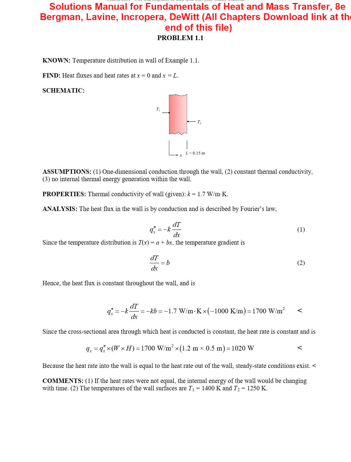 Solutions Manual For Fundamentals of Heat and Mass Transfer, 8th Edition By Bergman, Lavine, Incropera, DeWitt