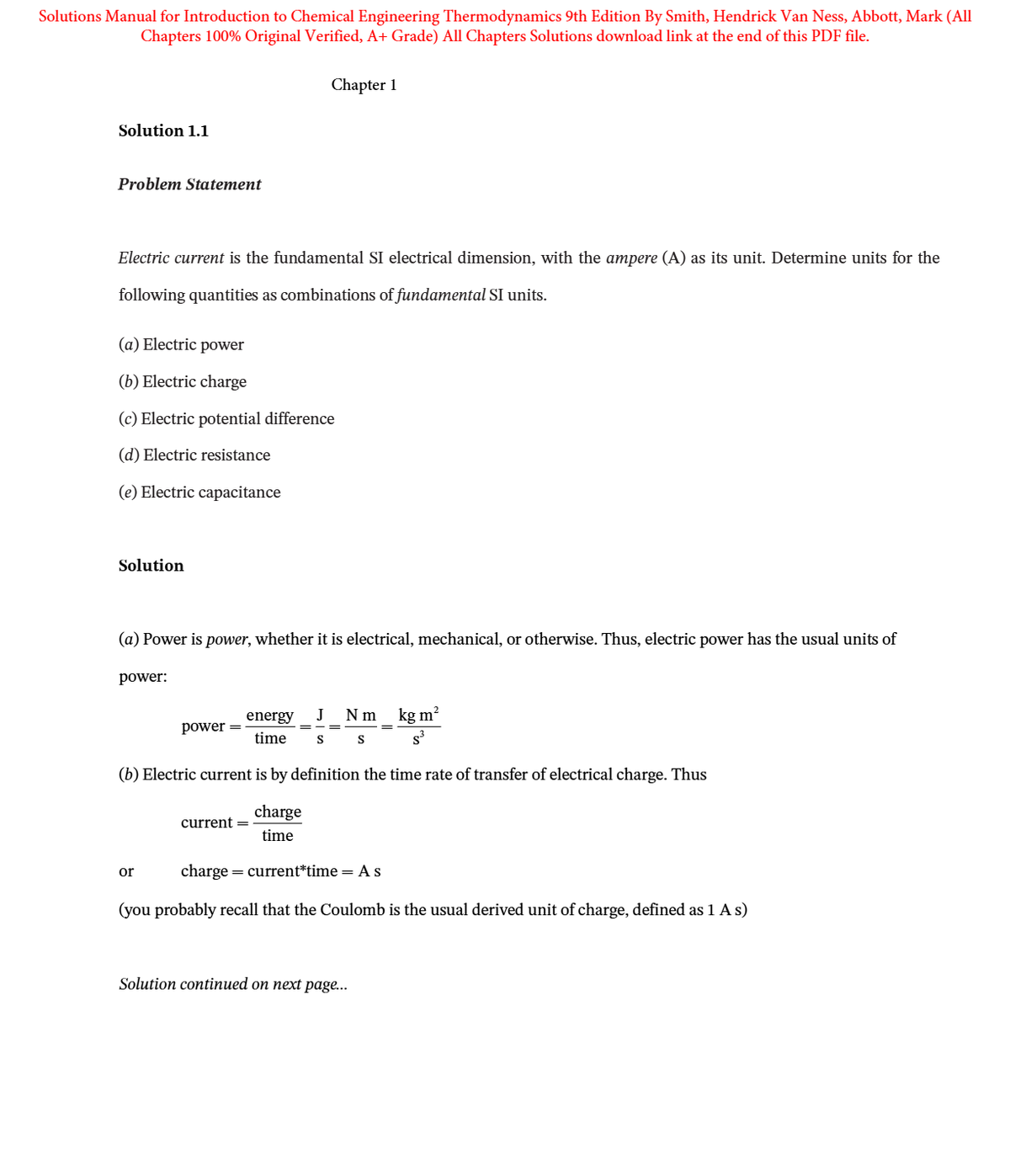 Solutions Manual for Introduction to Chemical Engineering Thermodynamics 9th Edition By Smith, Hendrick Van Ness, Abbott, Mark (All Chapters 100% Original Verified, A+ Grade)