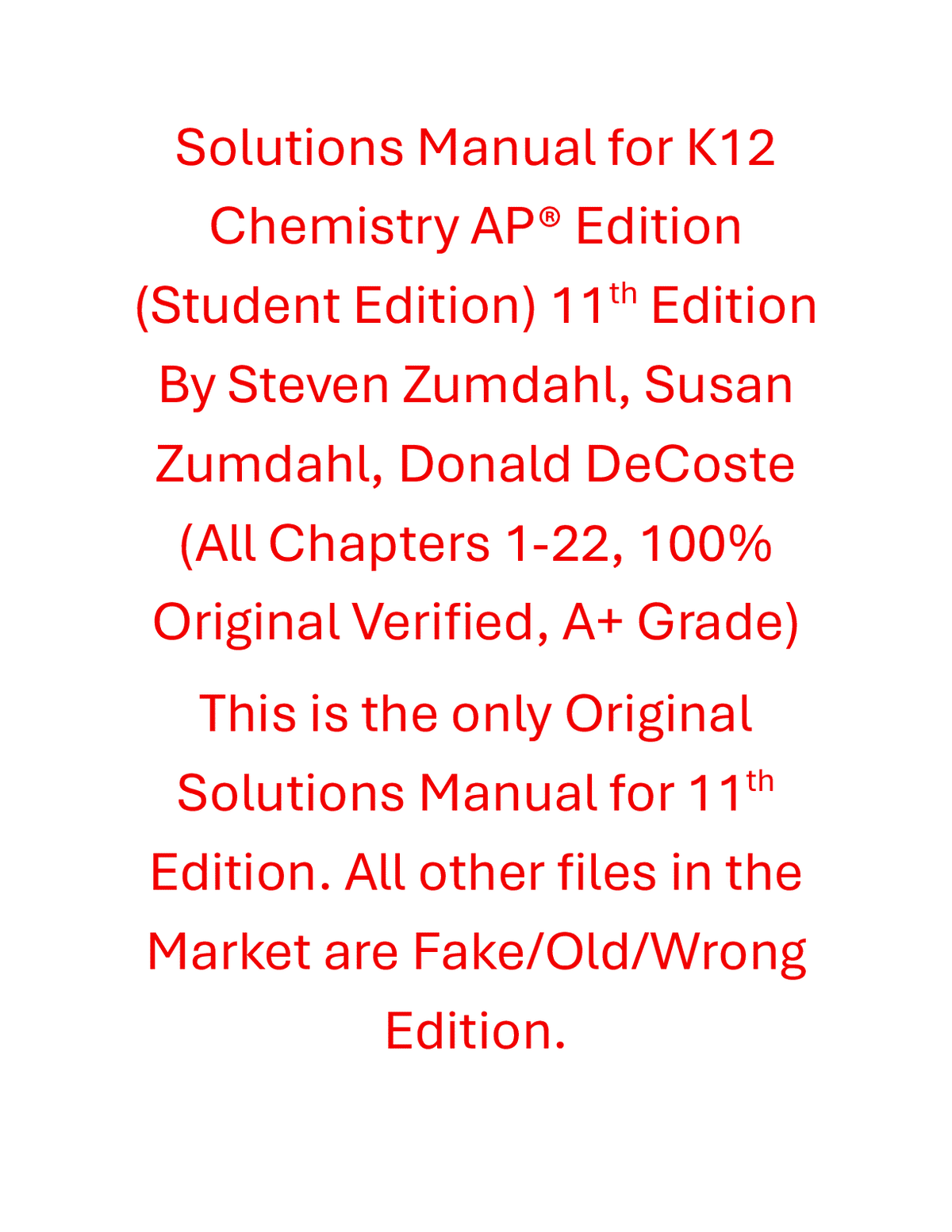 Solutions Manual for K12 Chemistry AP® Edition (Student Edition) 11th Edition By Steven Zumdahl, Susan Zumdahl, Donald DeCoste