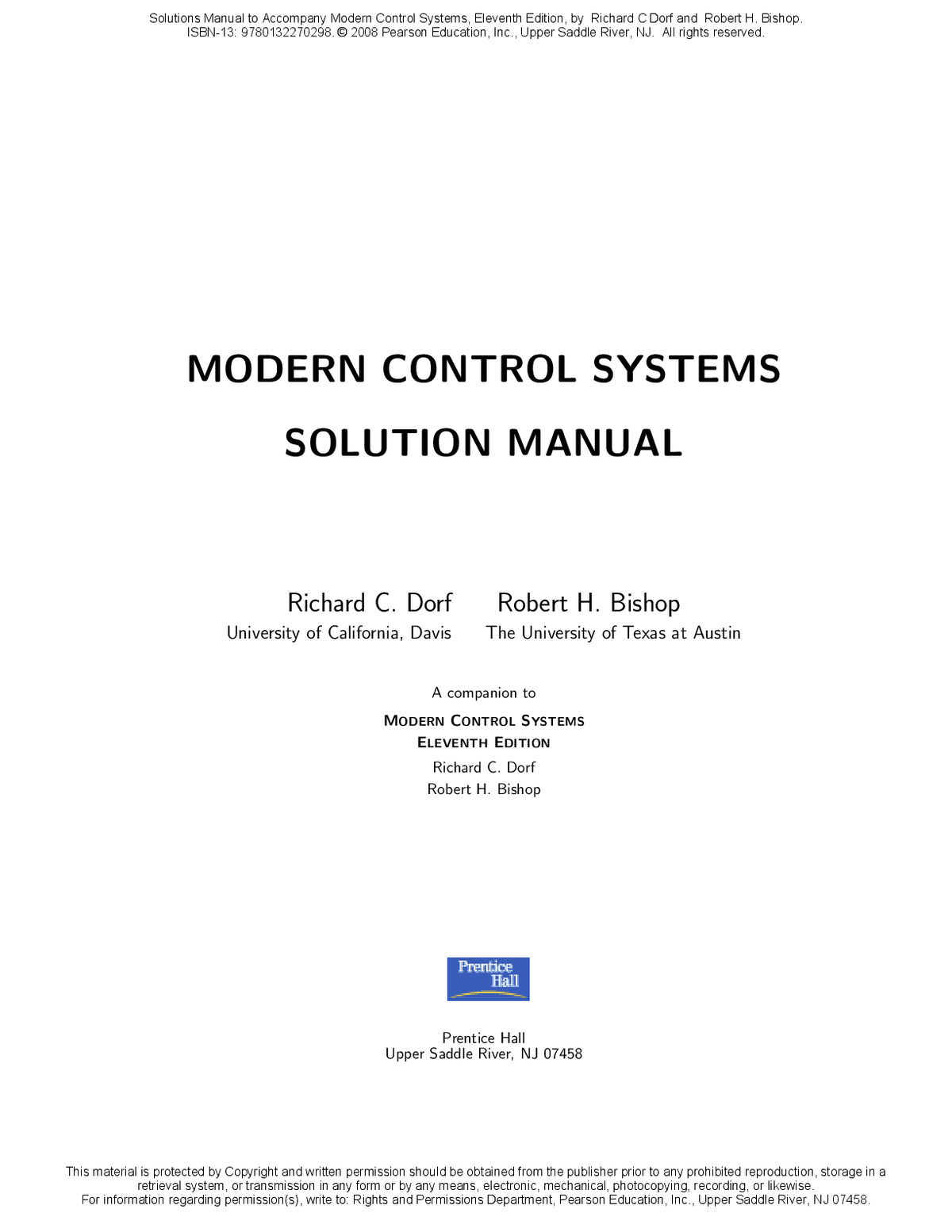 Solutions Manual for Modern Control Systems, 11th Edition – Richard C. Dorf, Robert H. Bishop