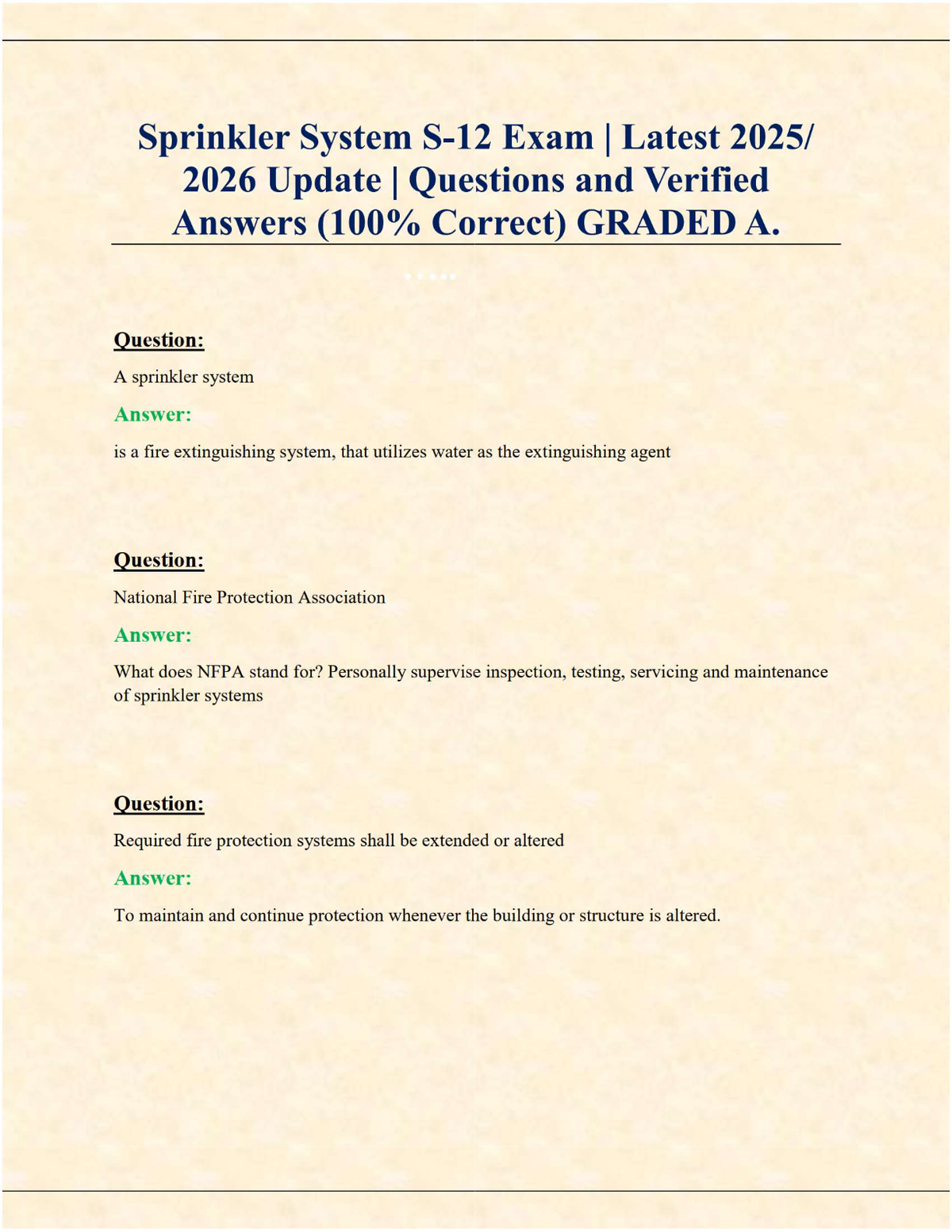Sprinkler System S-12 Exam (Latest 2025/2026 Update) | Verified Questions & Answers | 100% Correct | Grade A