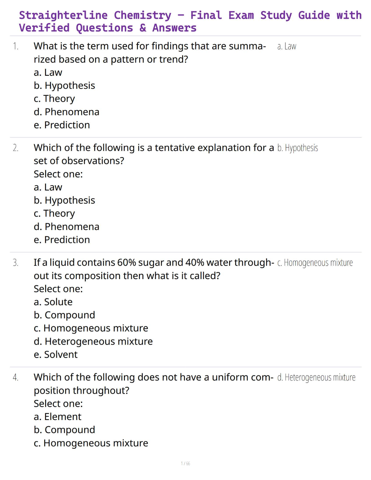 Straighterline Chemistry – Final Exam Study Guide with Verified Questions & Answers