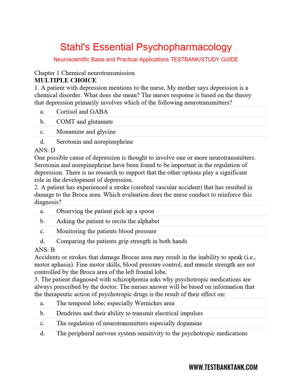 TEST BANK for Stahl's Essential Psychopharmacology: Neuroscientific Basis and Practical Applications 4th Edition by Stephen M. Stahl, Nancy Muntner