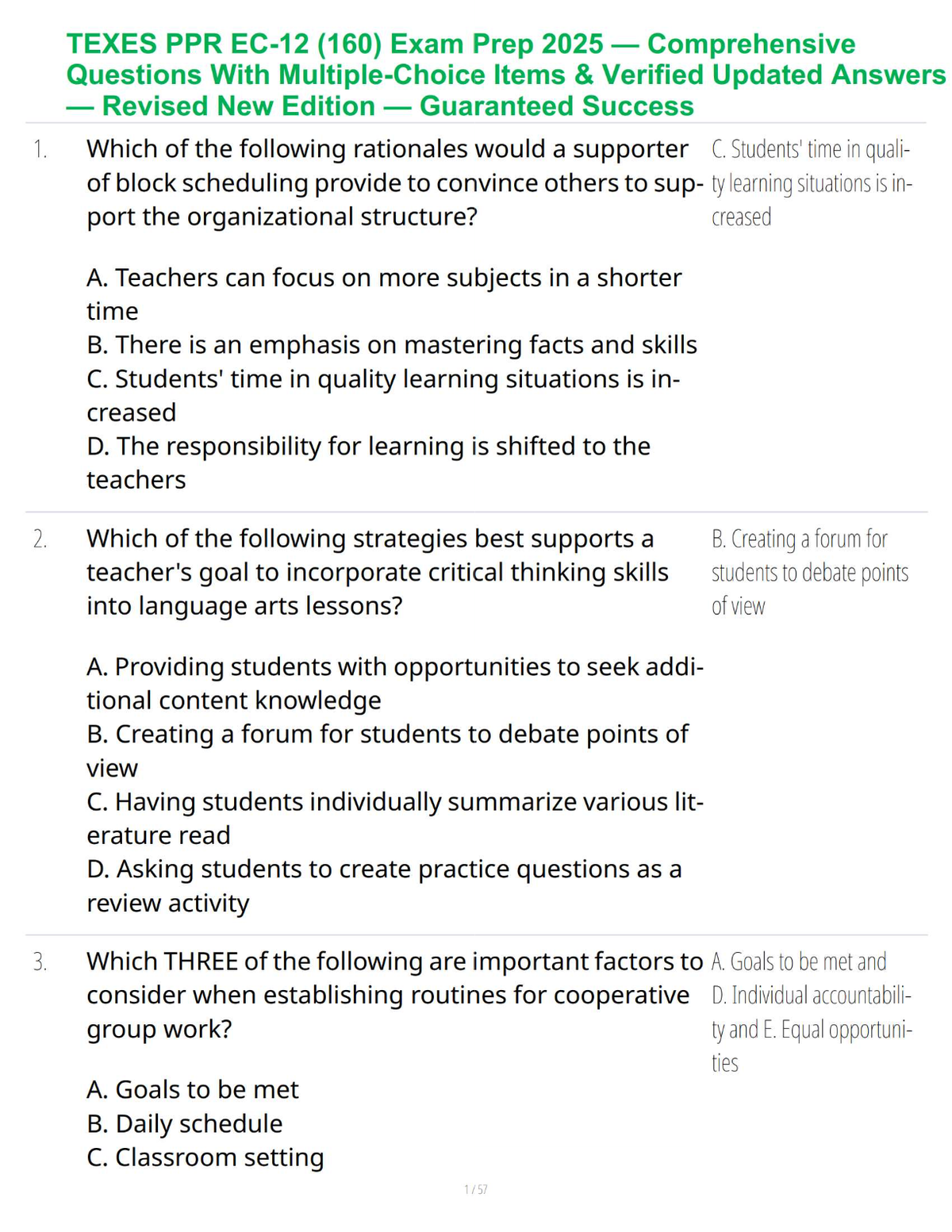 TEXES PPR EC-12 (160) Exam Prep 2025 — Comprehensive Questions With Multiple-Choice Items & Verified Updated Answers — Revised New Edition — Guaranteed Success