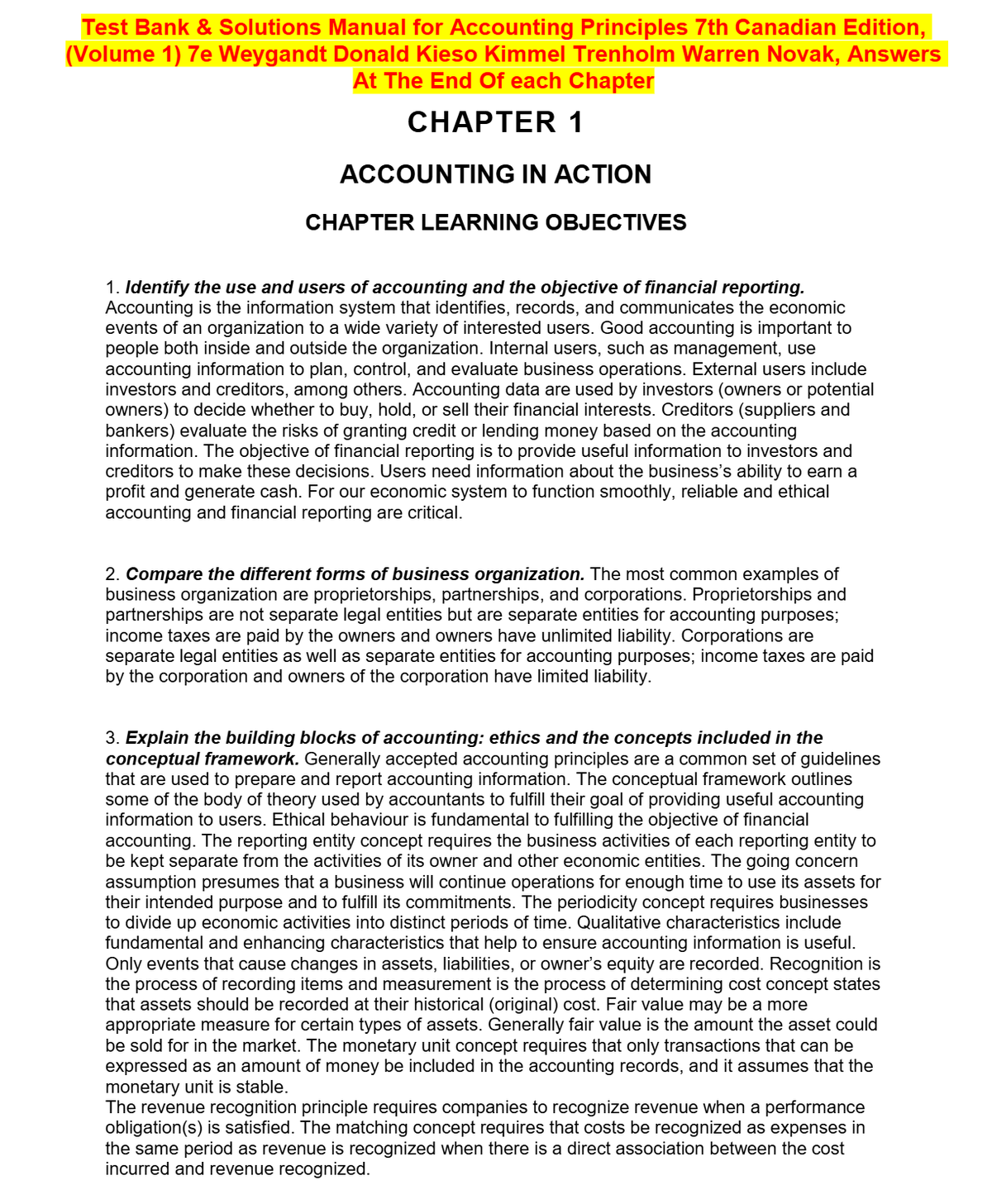 Test Bank & Solutions Manual for Accounting Principles 7th Canadian Edition, (Volume 1) 7e Weygandt Donald Kieso Kimmel Trenholm Warren Novak, Answers At The End Of each Chapter