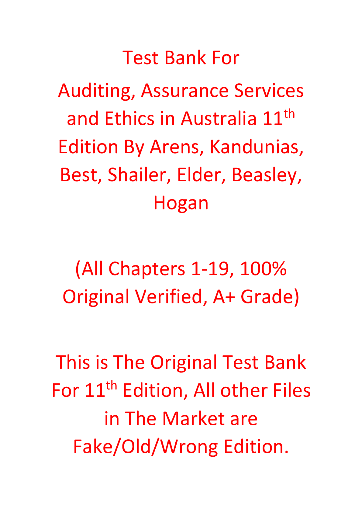 Test Bank For Auditing, Assurance Services and Ethics in Australia 11th Edition By Alvin Arens, Chris Kandunias, Peter Best, Greg Shailer, Randal Elder, Mark Beasley, Chris Hogan